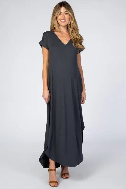 Charcoal Side Slit Maternity Maxi Dress sold by Pinkblush