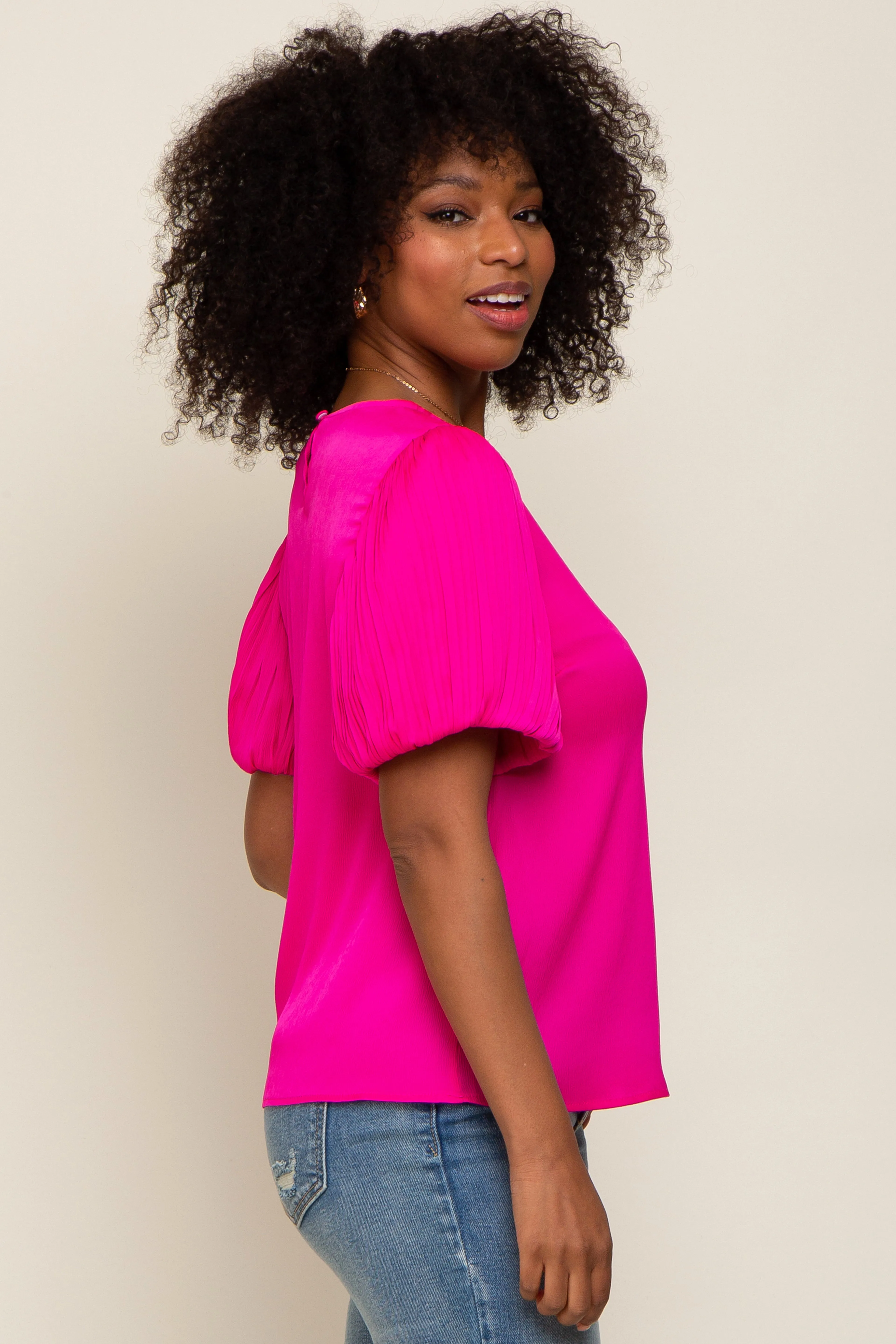 Fuchsia Satin Pleated Puff Short Sleeve Blouse sold by Pinkblush product image thumbnail 2
