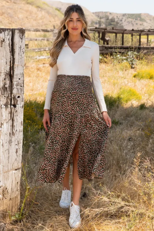 Olive Leaf Print Side Slit Maternity Midi Skirt sold by Pinkblush