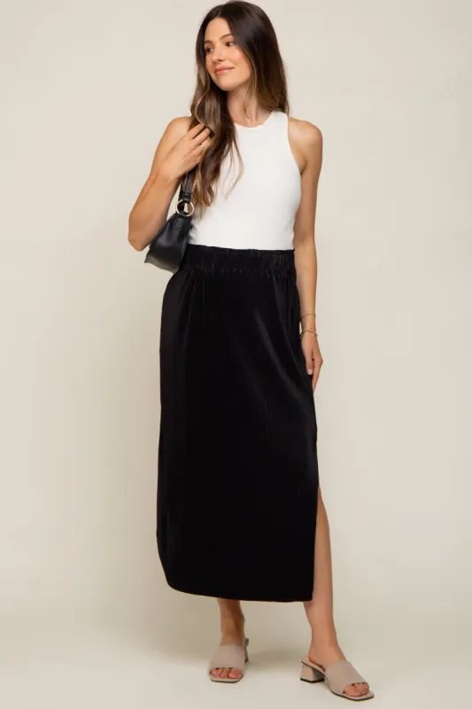 Black Pleated Side Slit Maternity Midi Skirt sold by Pinkblush