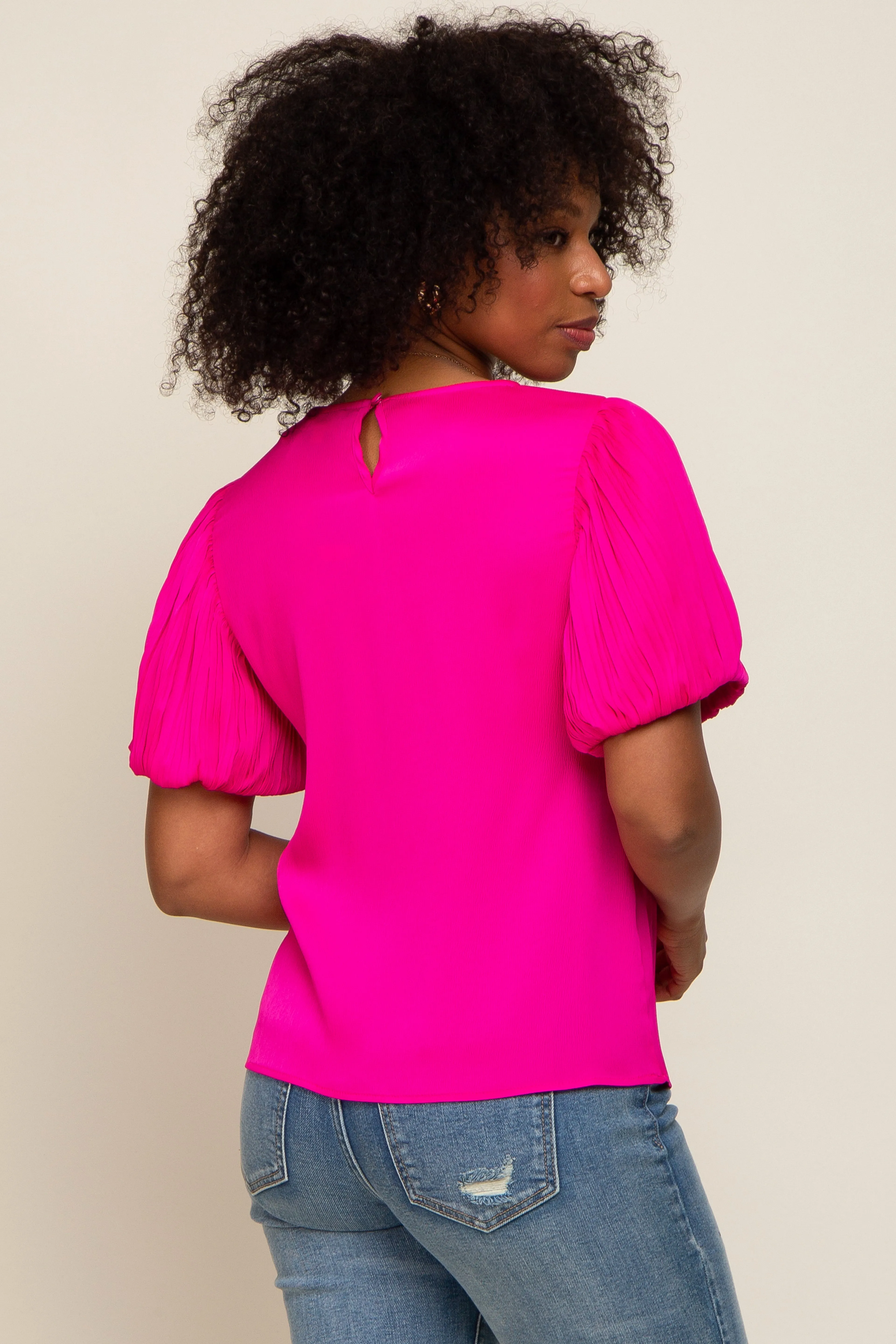Fuchsia Satin Pleated Puff Short Sleeve Blouse sold by Pinkblush product image thumbnail 3