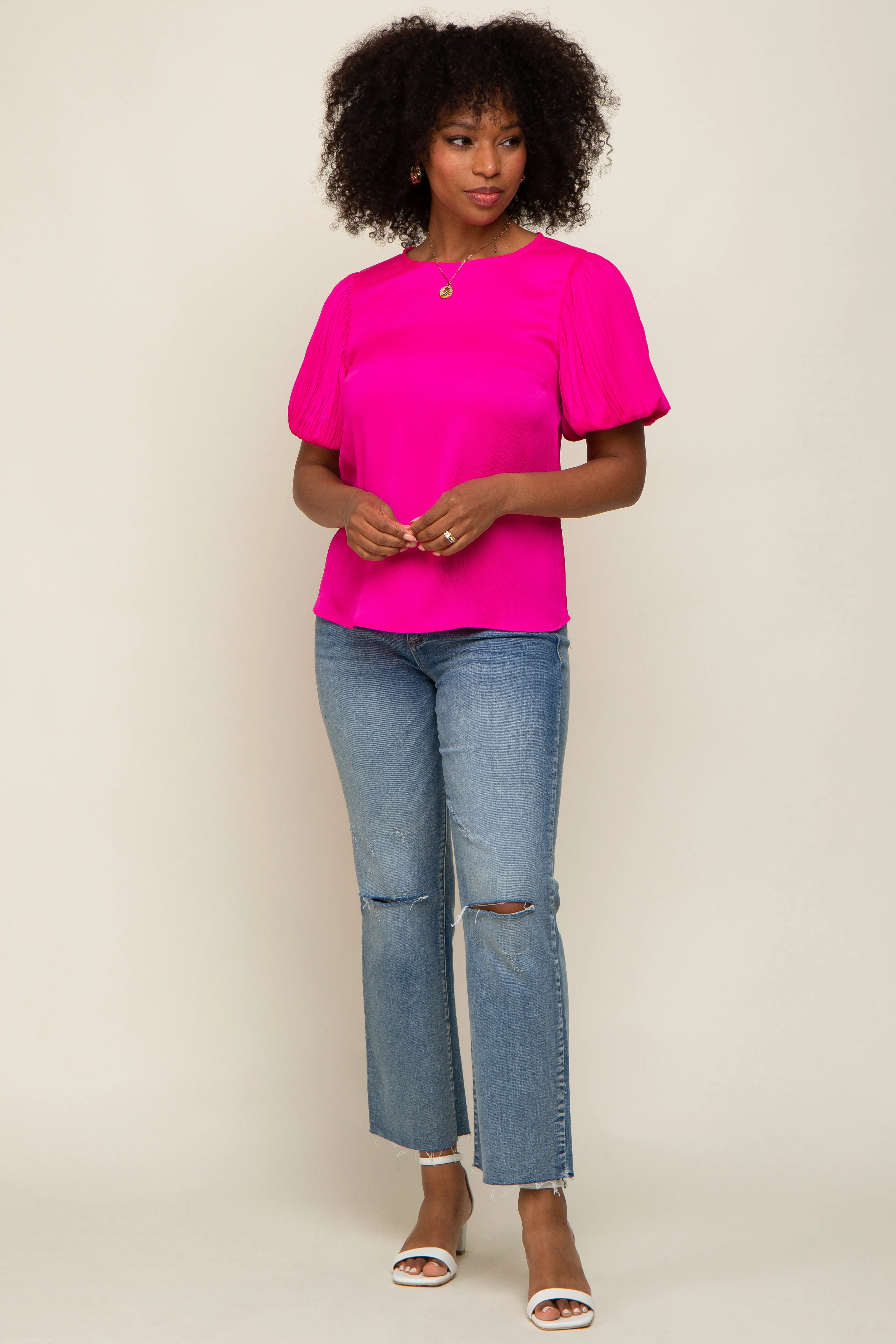 Fuchsia Satin Pleated Puff Short Sleeve Blouse sold by Pinkblush product image thumbnail 4
