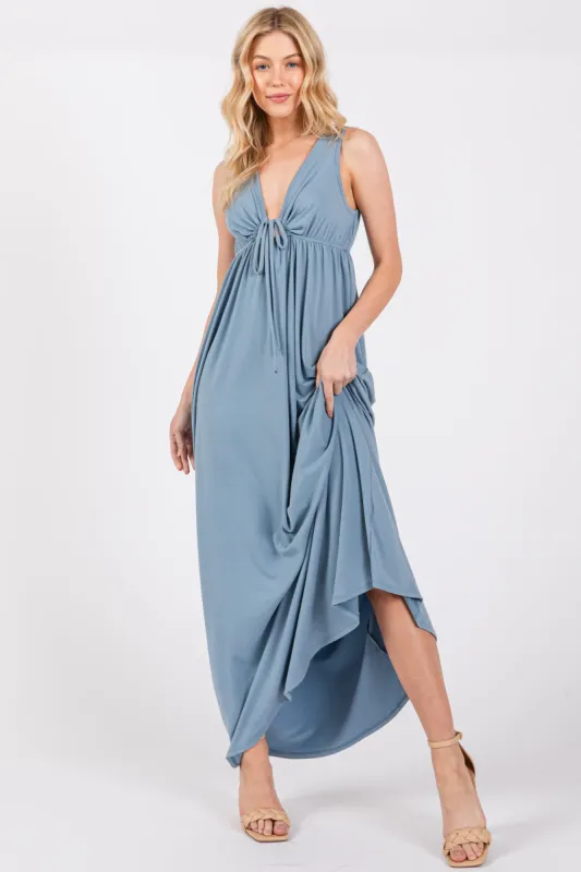 Blue Front Tie Cutout Sleeveless Maxi Dress sold by Pinkblush