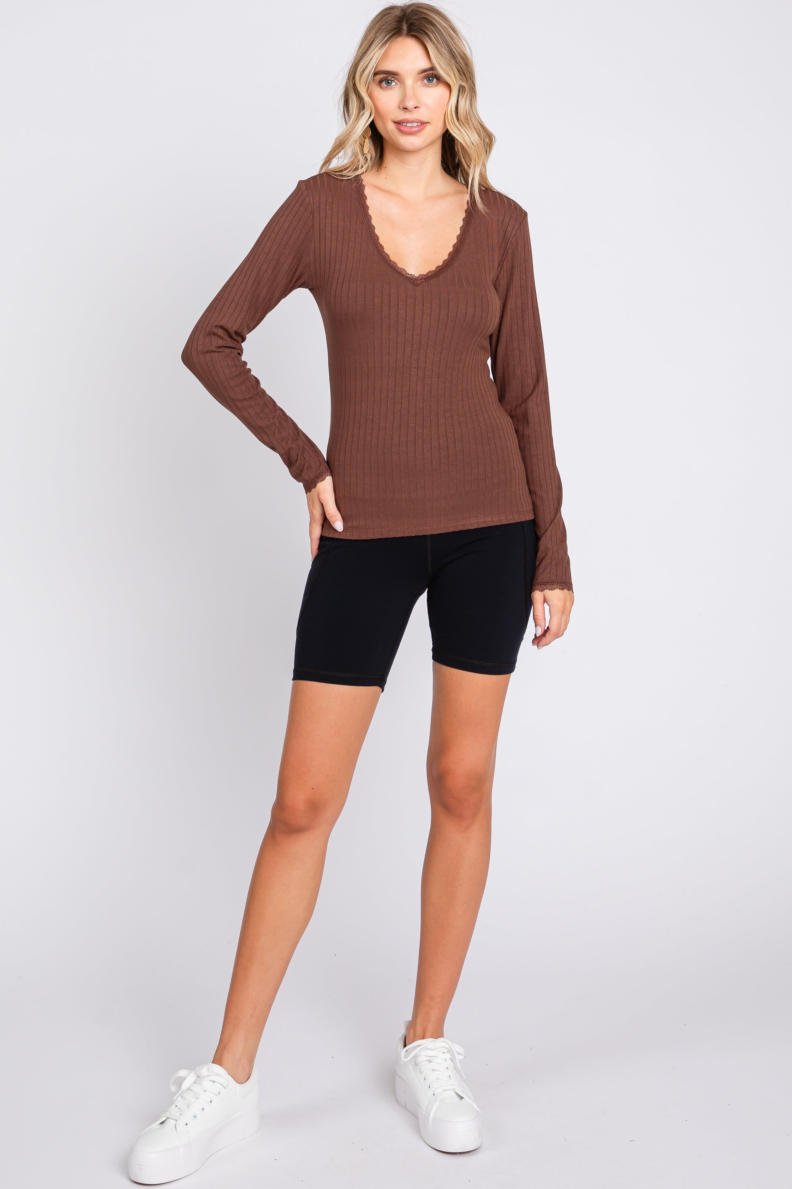 Brown Ribbed Lace V-Neck Top sold by Pinkblush product image thumbnail 4
