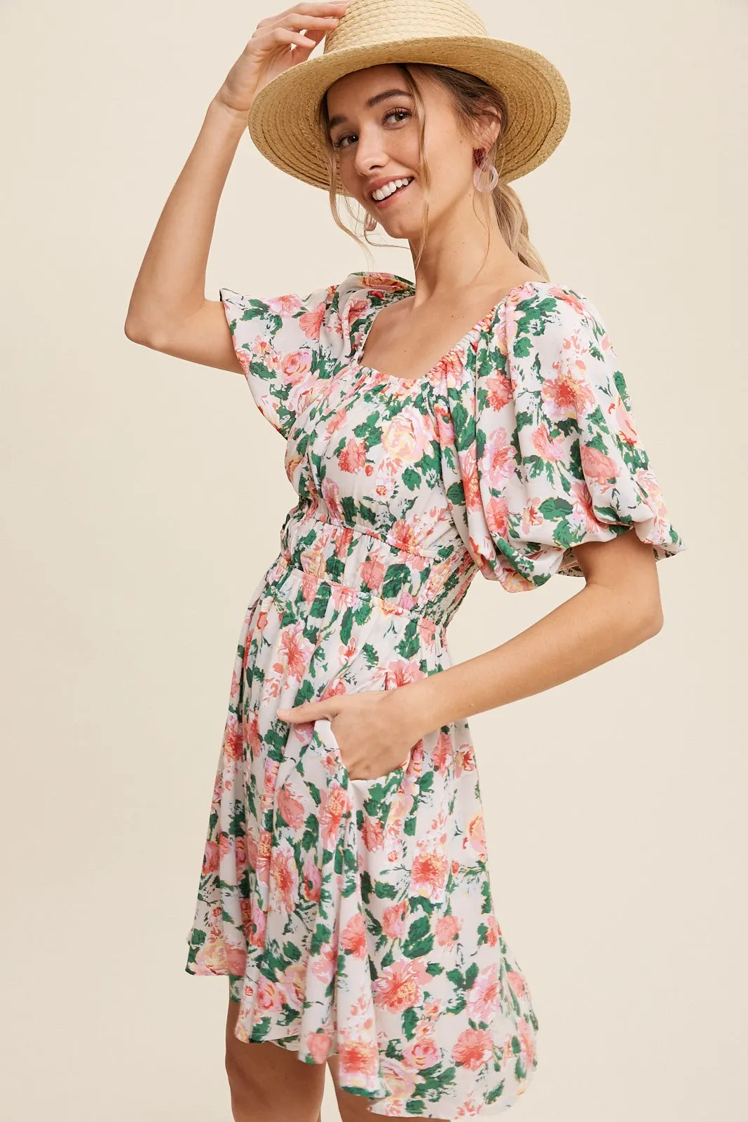 Cream Flower Print Square Neck Cinched Dress sold by Pinkblush product image thumbnail 2
