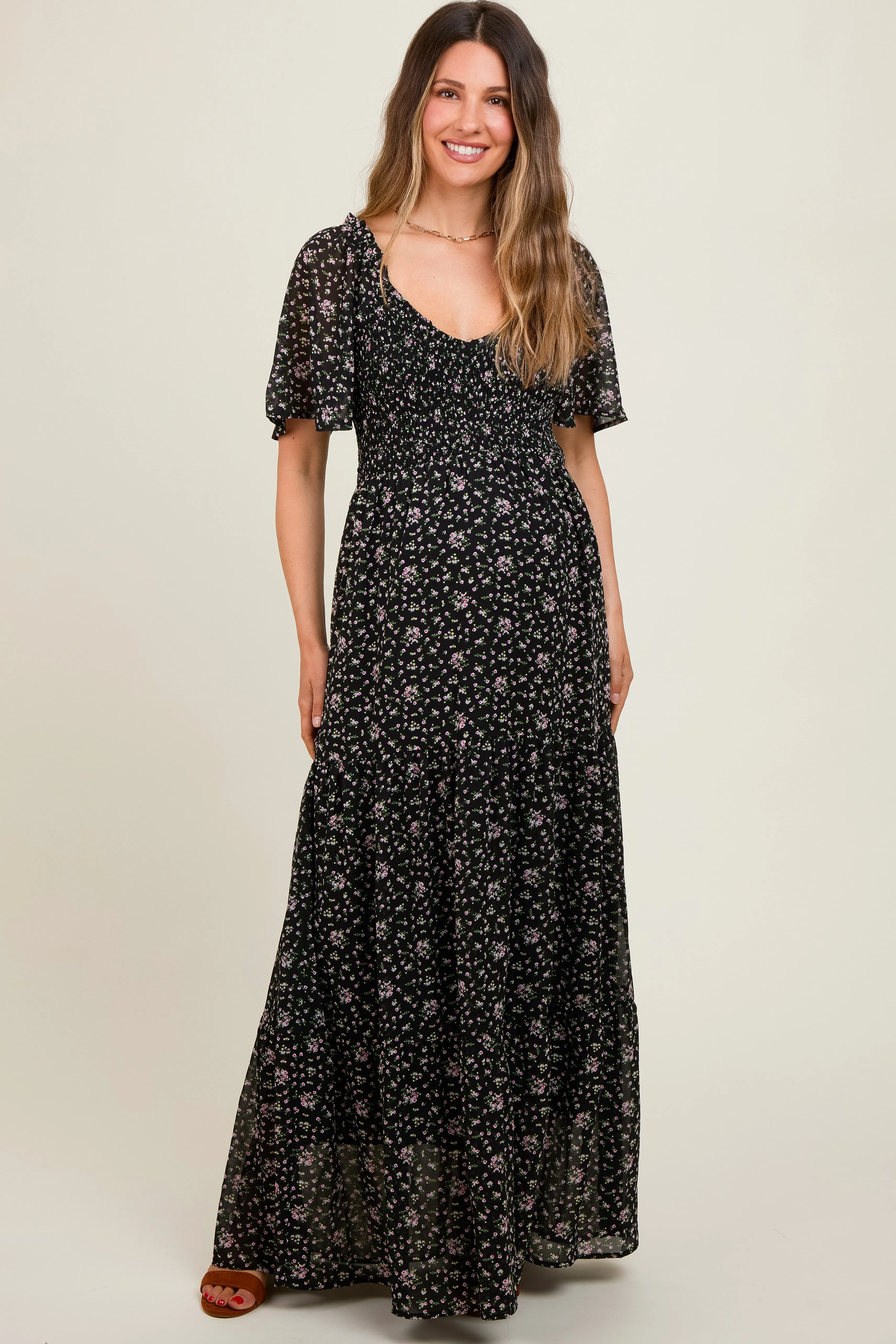 Black Floral Chiffon Smocked Maternity Maxi Dress sold by Pinkblush product image thumbnail 2