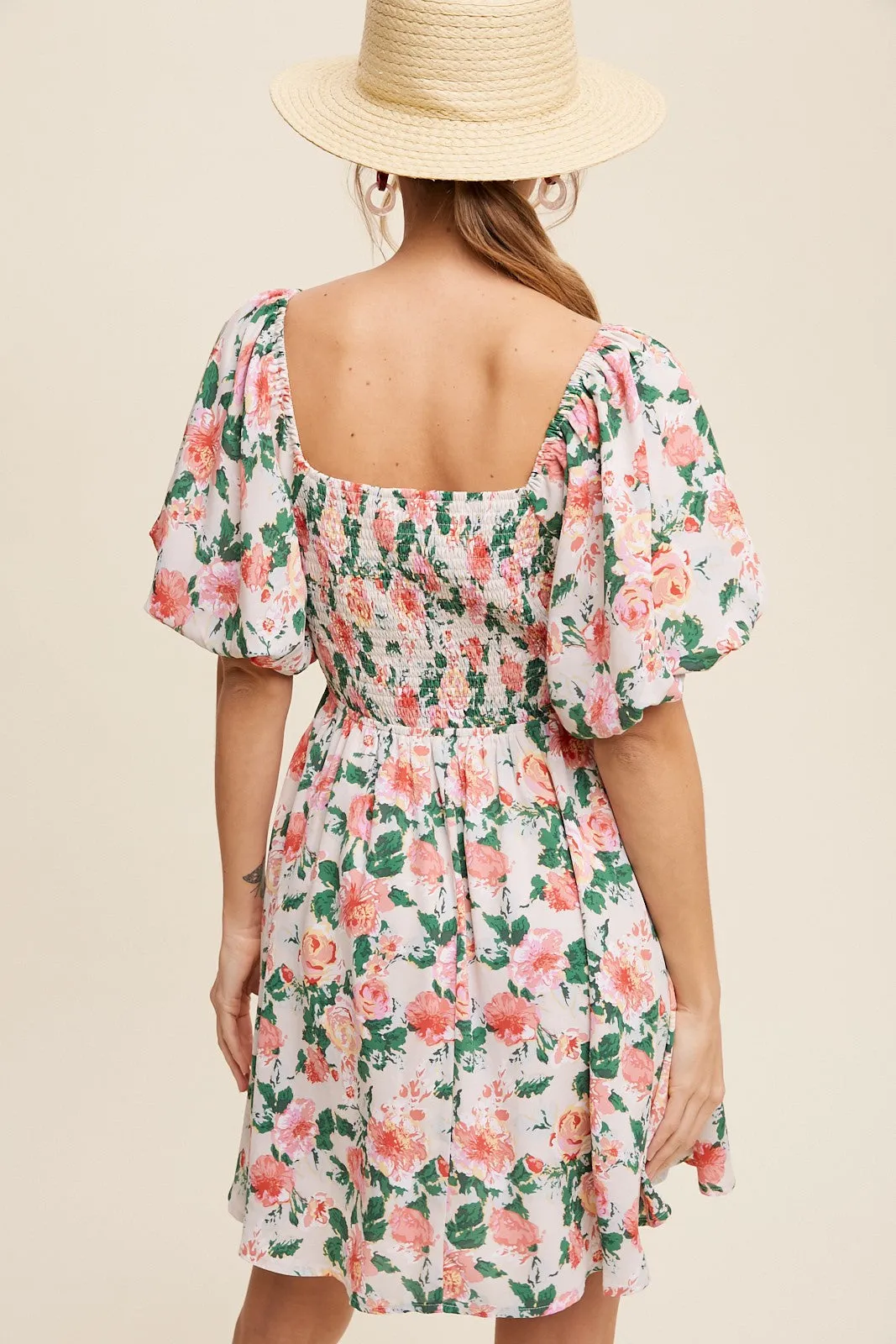 Cream Flower Print Square Neck Cinched Dress sold by Pinkblush product image thumbnail 3