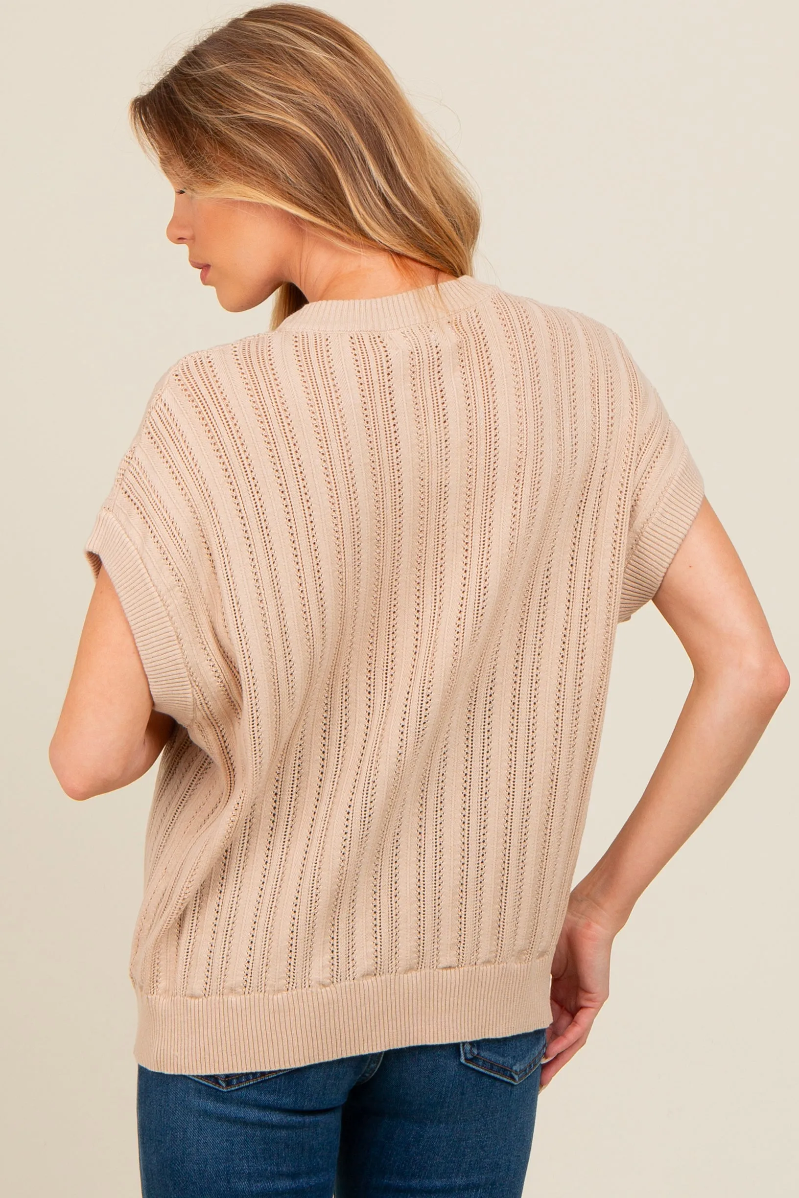 Beige Crochet Knit Short Sleeve Sweater Maternity Top sold by Pinkblush product image thumbnail 4