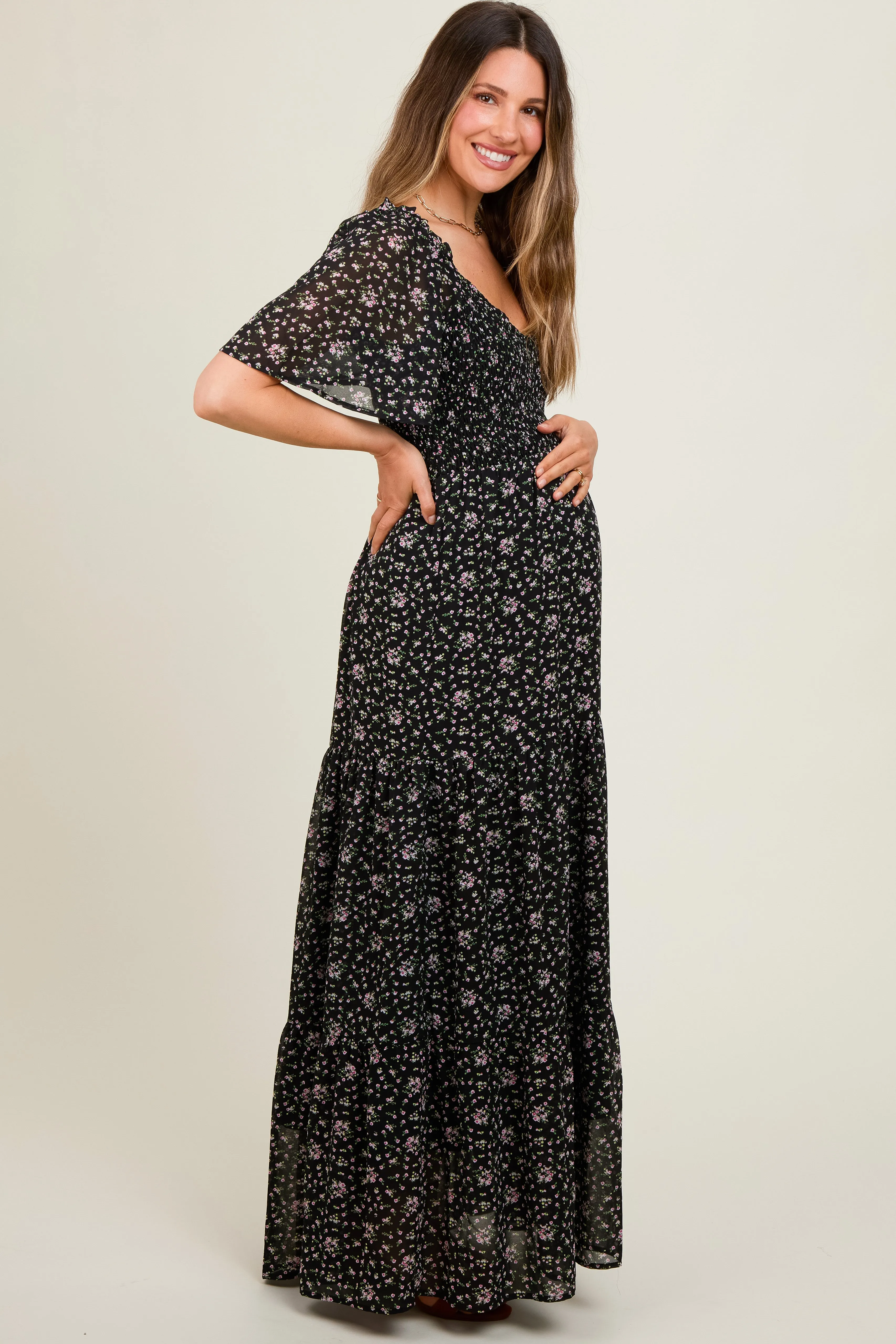 Black Floral Chiffon Smocked Maternity Maxi Dress sold by Pinkblush product image thumbnail 3