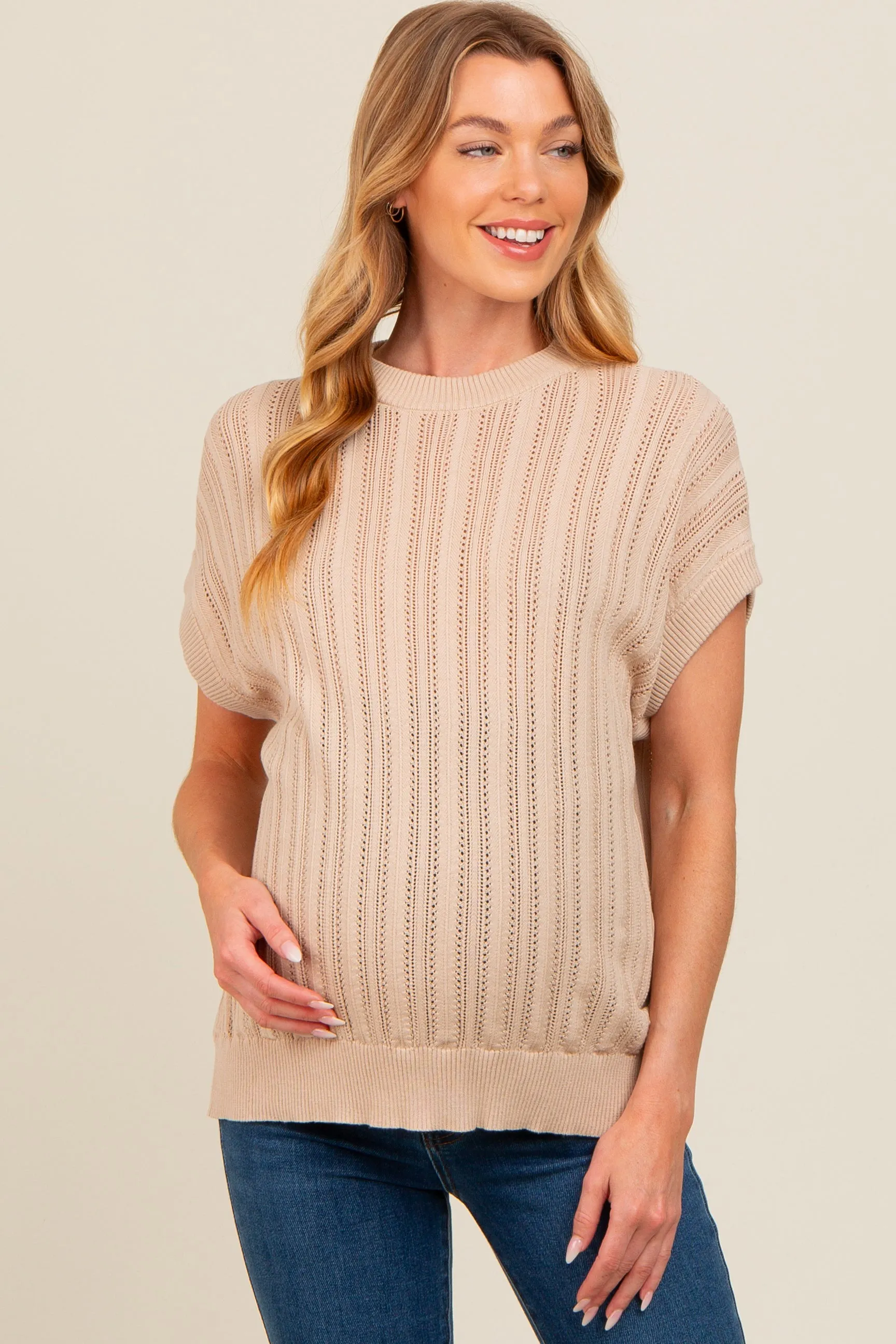 Beige Crochet Knit Short Sleeve Sweater Maternity Top sold by Pinkblush product image thumbnail 2