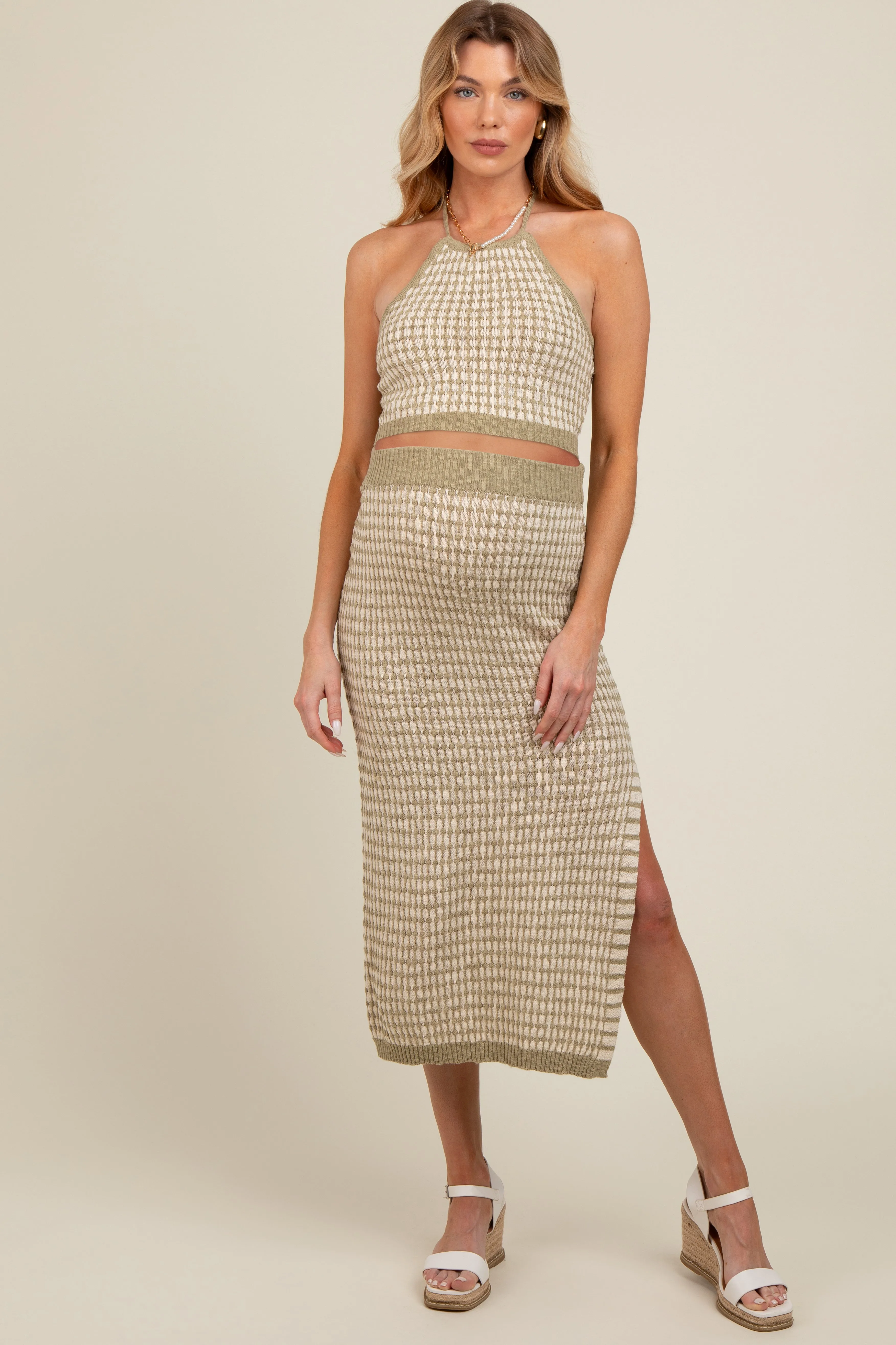 Light Olive Striped Crochet Crop Maternity Swimsuit Cover Up Set sold by Pinkblush product image thumbnail 2