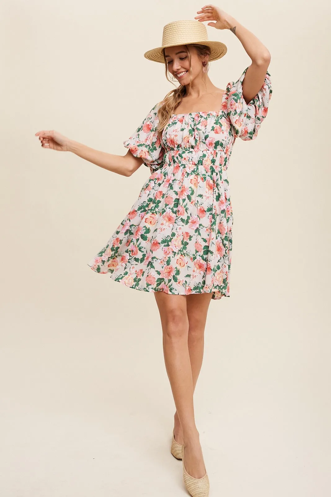 Cream Flower Print Square Neck Cinched Dress sold by Pinkblush product image thumbnail 4