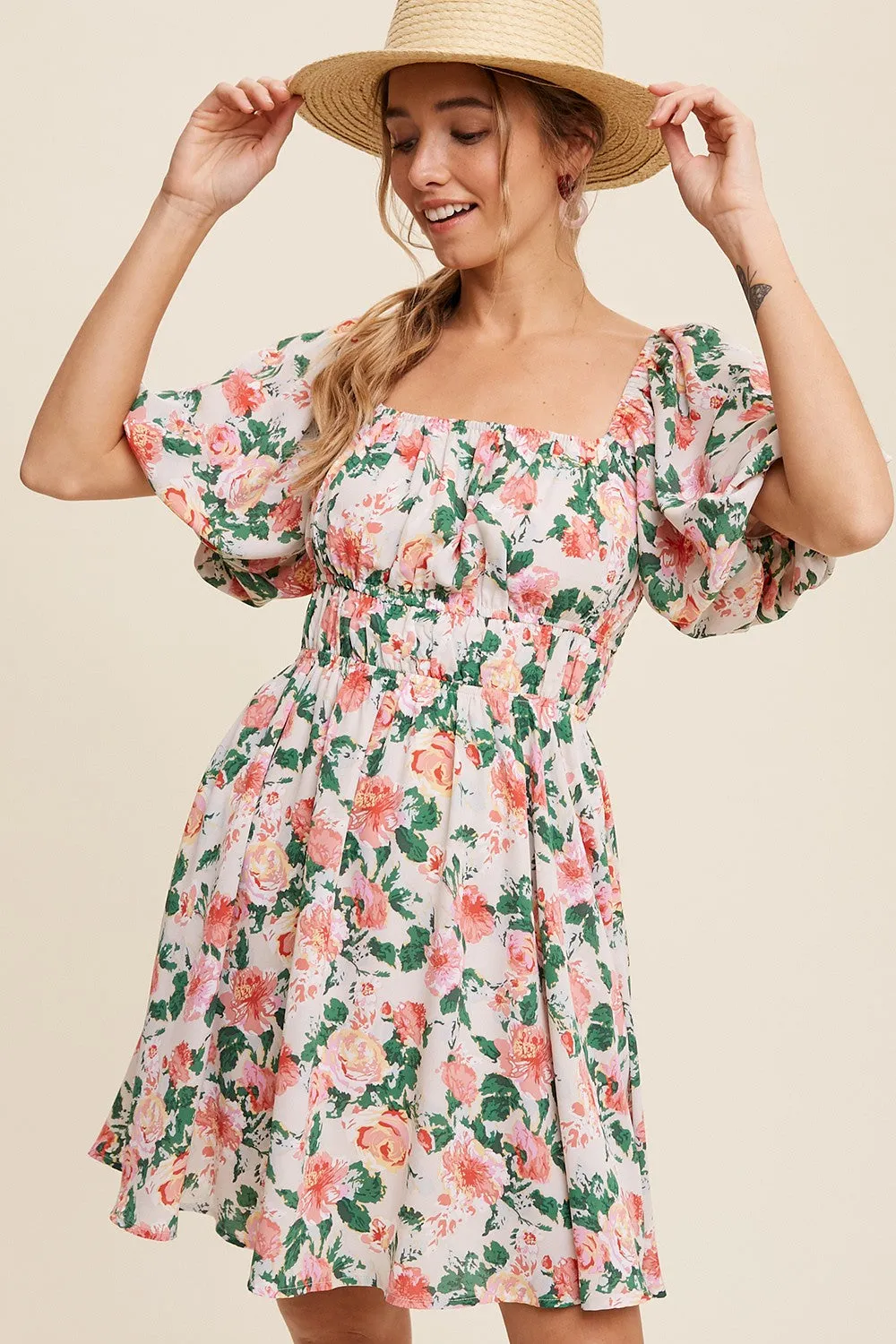 Cream Flower Print Square Neck Cinched Dress sold by Pinkblush