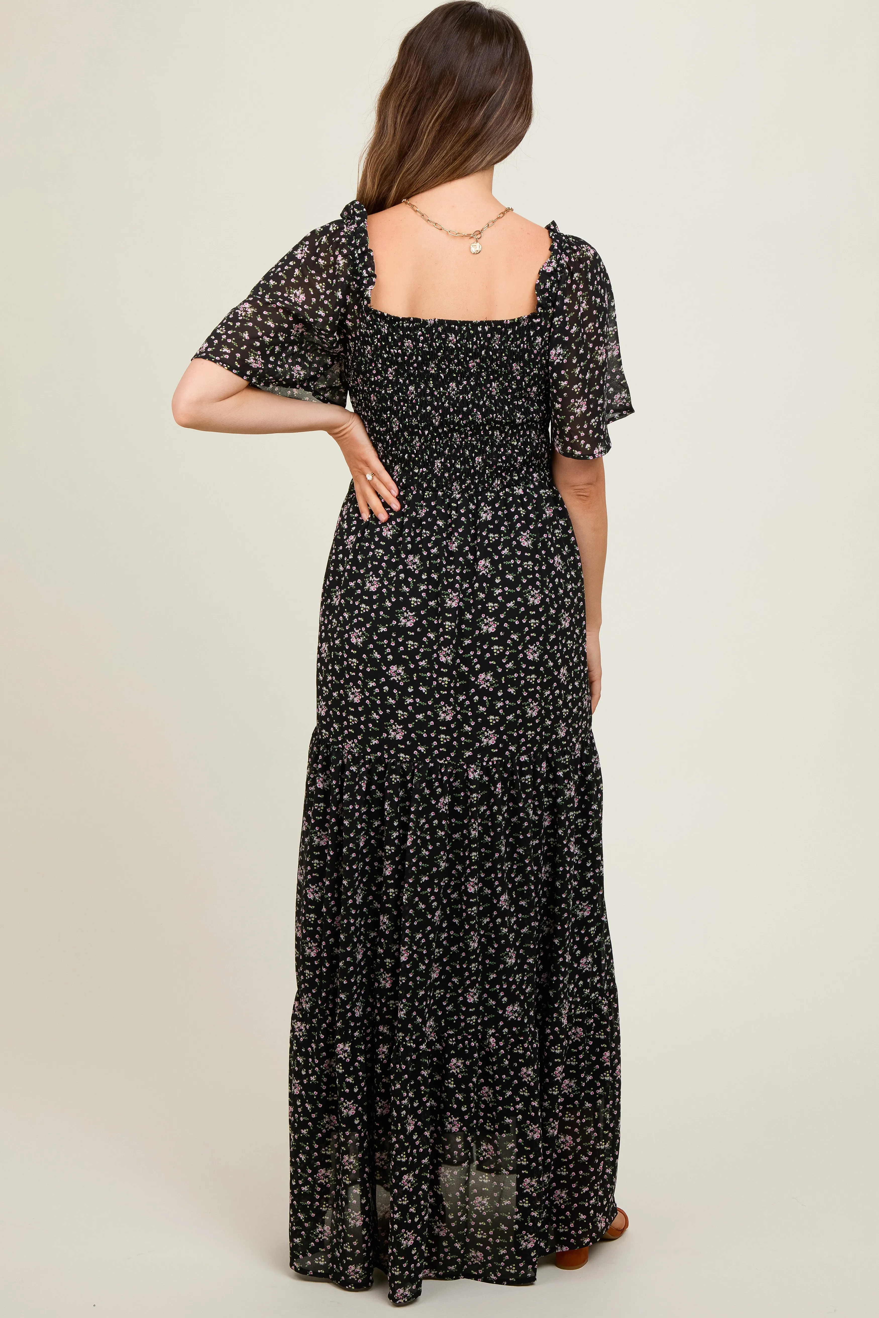 Black Floral Chiffon Smocked Maternity Maxi Dress sold by Pinkblush product image thumbnail 4