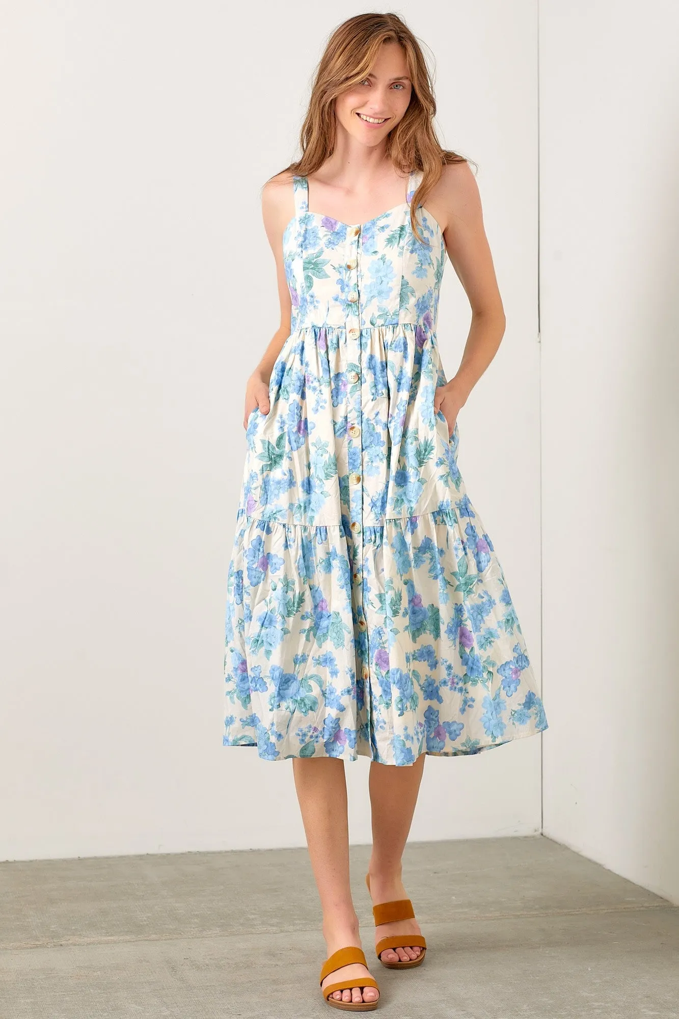 Blue Floral Sweetheart Neck Button Front Midi Dress sold by Pinkblush product image thumbnail 4