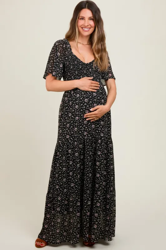 Black Floral Chiffon Smocked Maternity Maxi Dress sold by Pinkblush