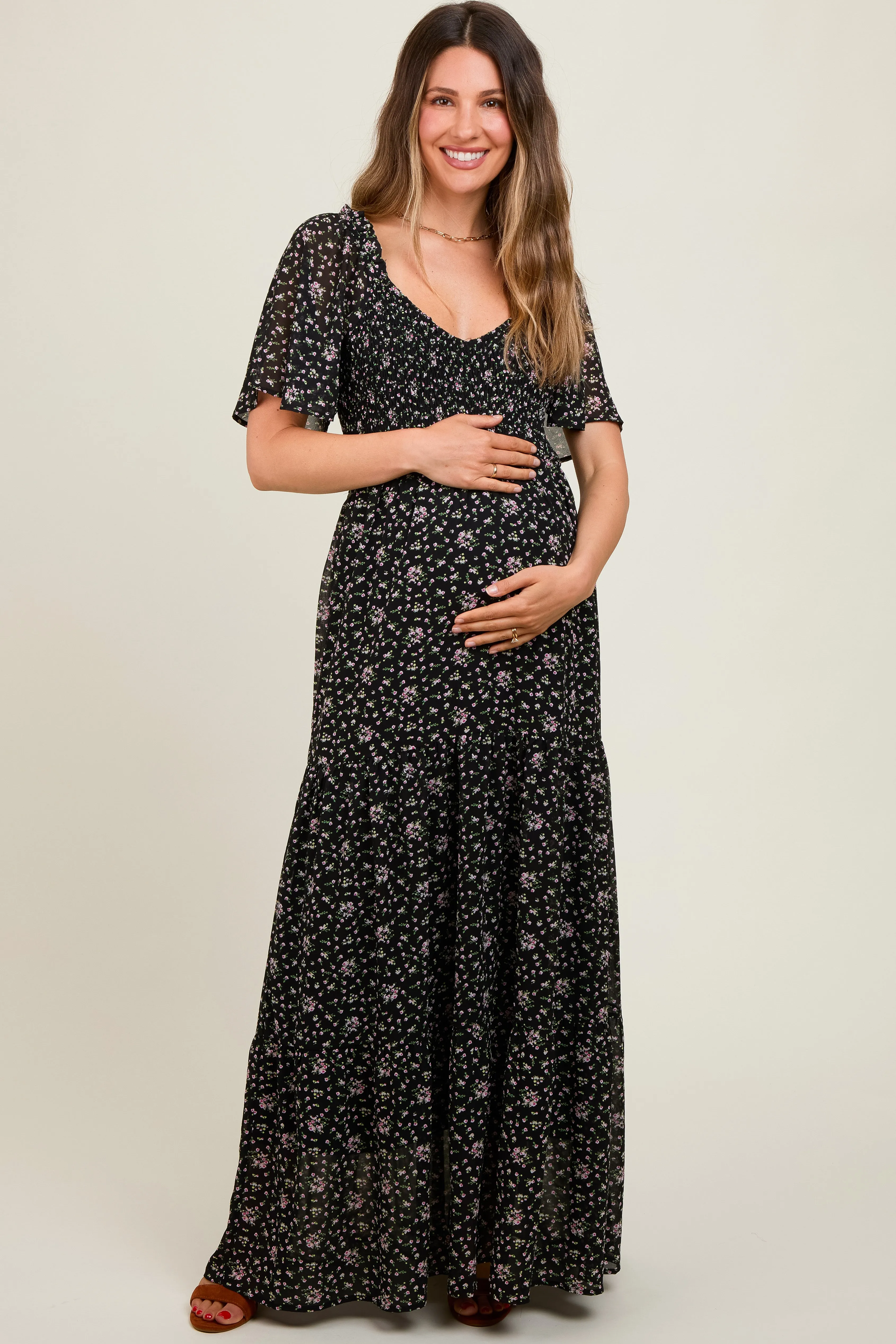 Black Floral Chiffon Smocked Maternity Maxi Dress sold by Pinkblush