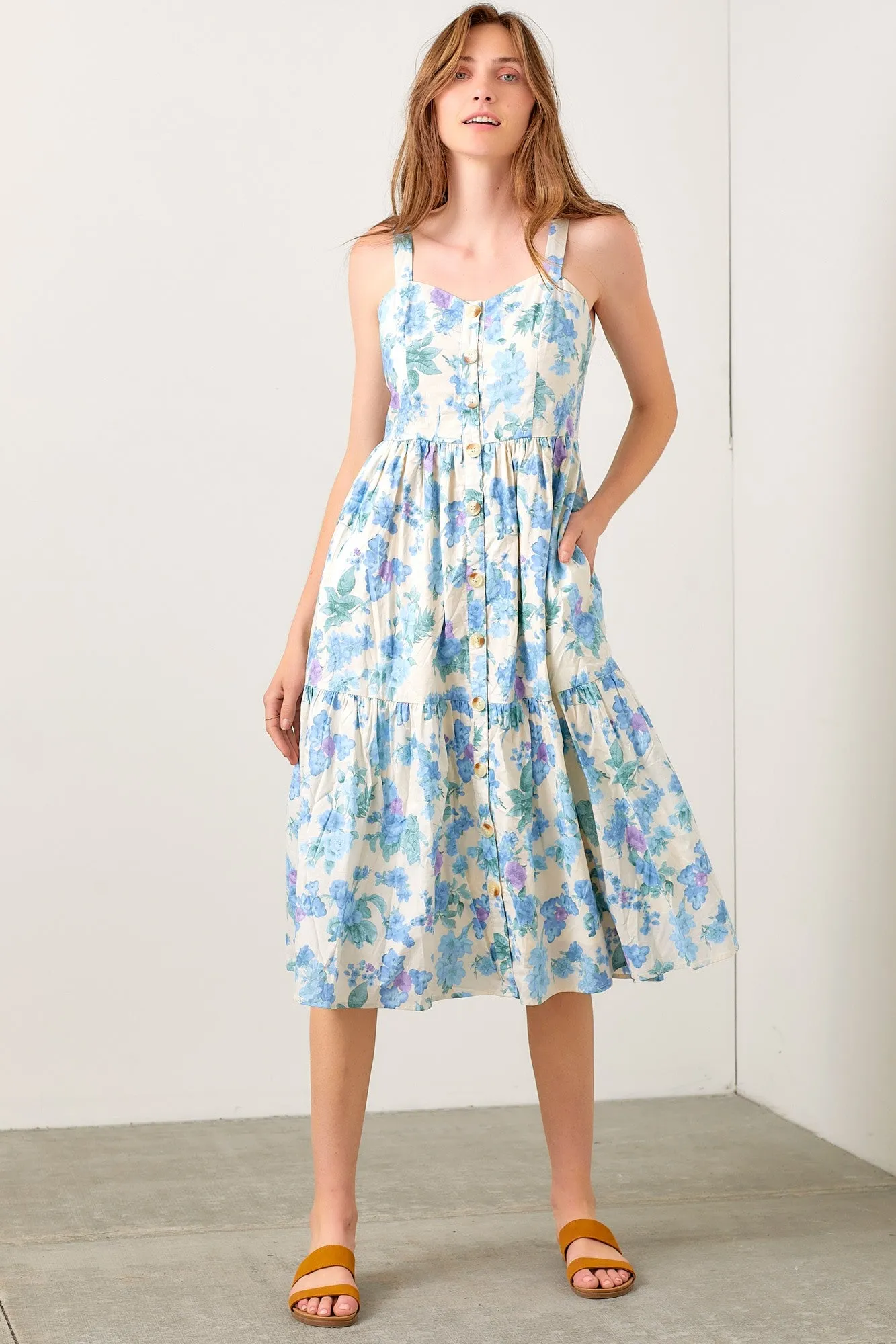 Blue Floral Sweetheart Neck Button Front Midi Dress sold by Pinkblush