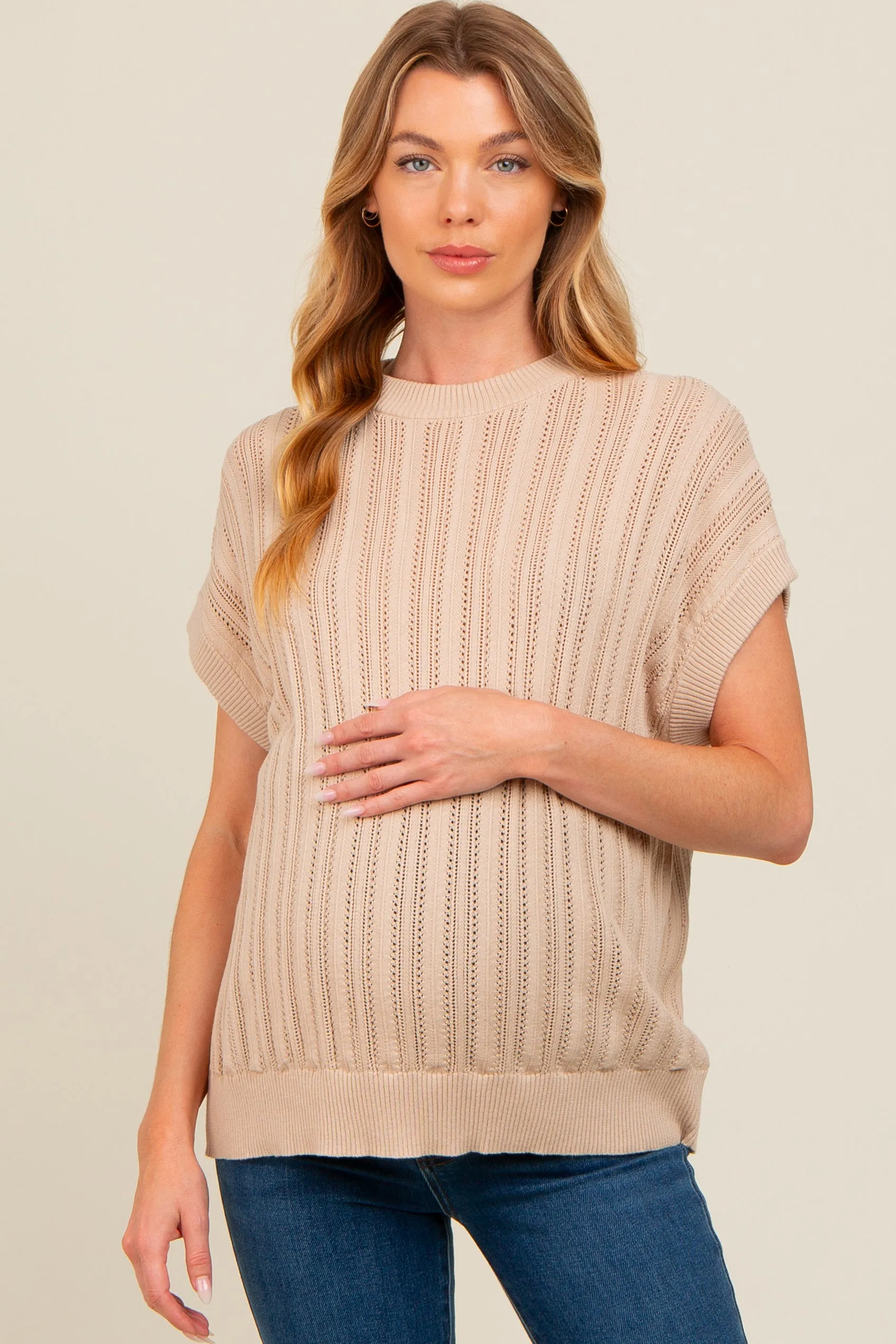 Beige Crochet Knit Short Sleeve Sweater Maternity Top sold by Pinkblush