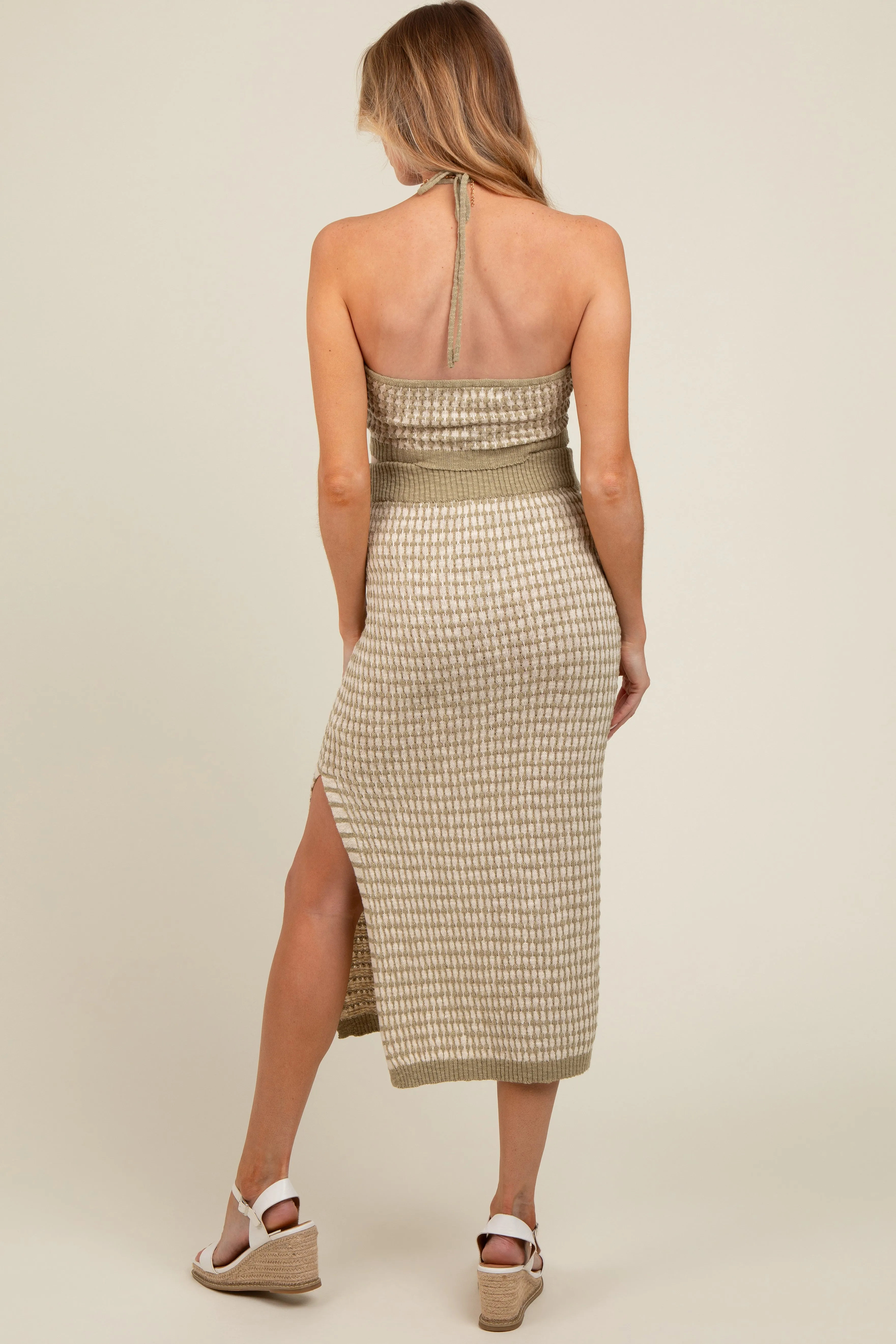 Light Olive Striped Crochet Crop Maternity Swimsuit Cover Up Set sold by Pinkblush product image thumbnail 3