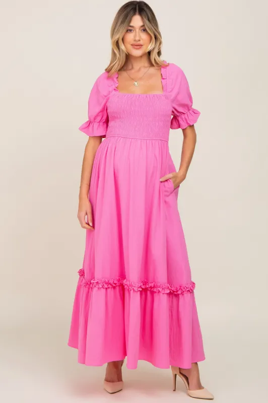 Hot Pink Puff Sleeve Ruffle Accent Maternity Maxi Dress sold by Pinkblush