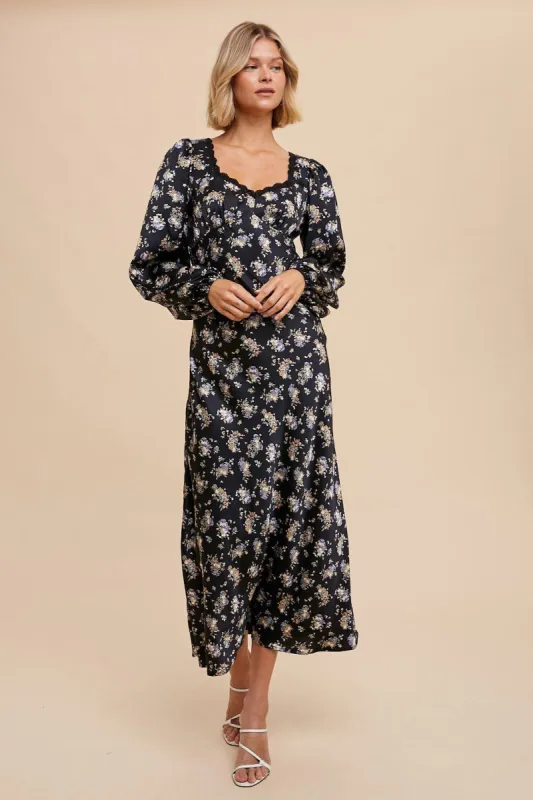 Midnight Sweetheart Neck Satin Floral Dress sold by Pinkblush