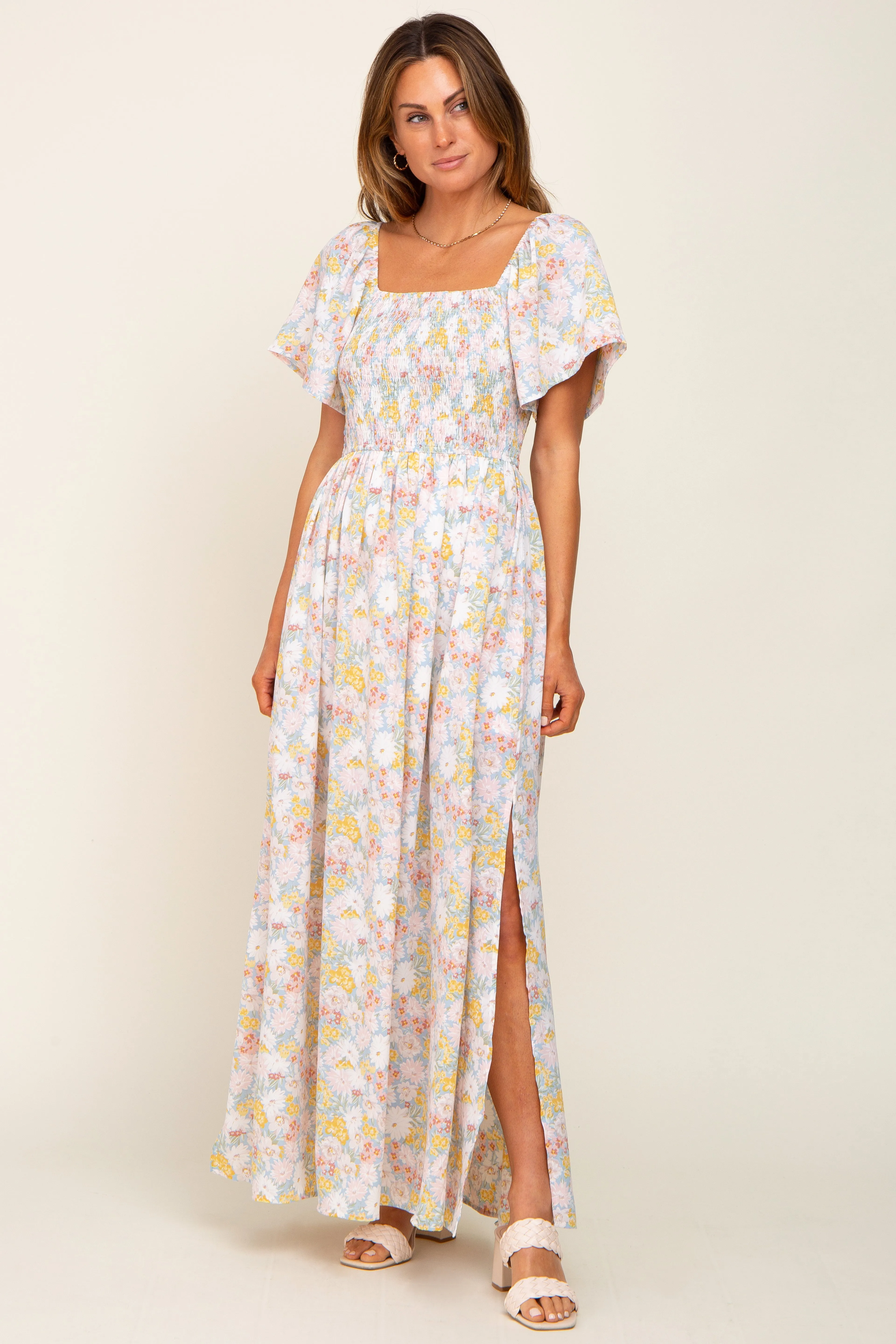 Light Blue Floral Smocked Maternity Maxi Dress sold by Pinkblush product image thumbnail 5