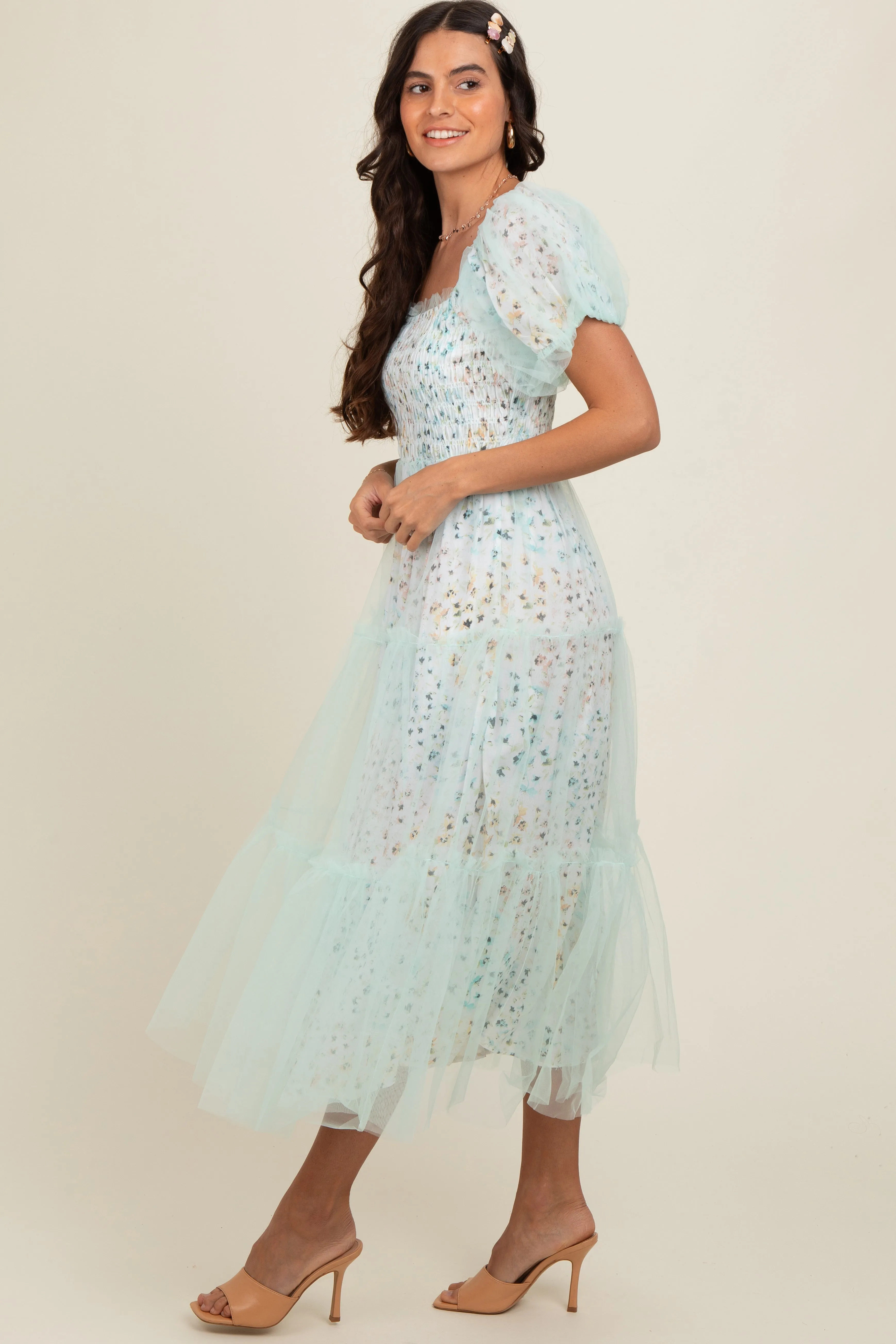 Mint Green Floral Lined Smocked Tulle Midi Dress sold by Pinkblush product image thumbnail 3