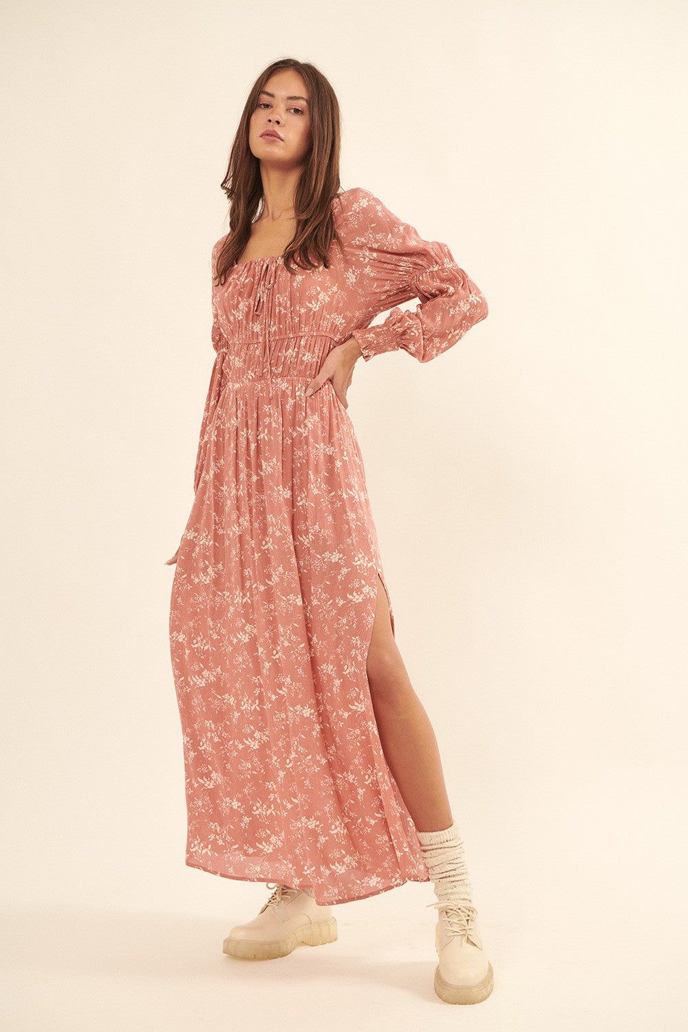 Rose Floral Square Neck Low Smock Back Maxi Dress sold by Pinkblush