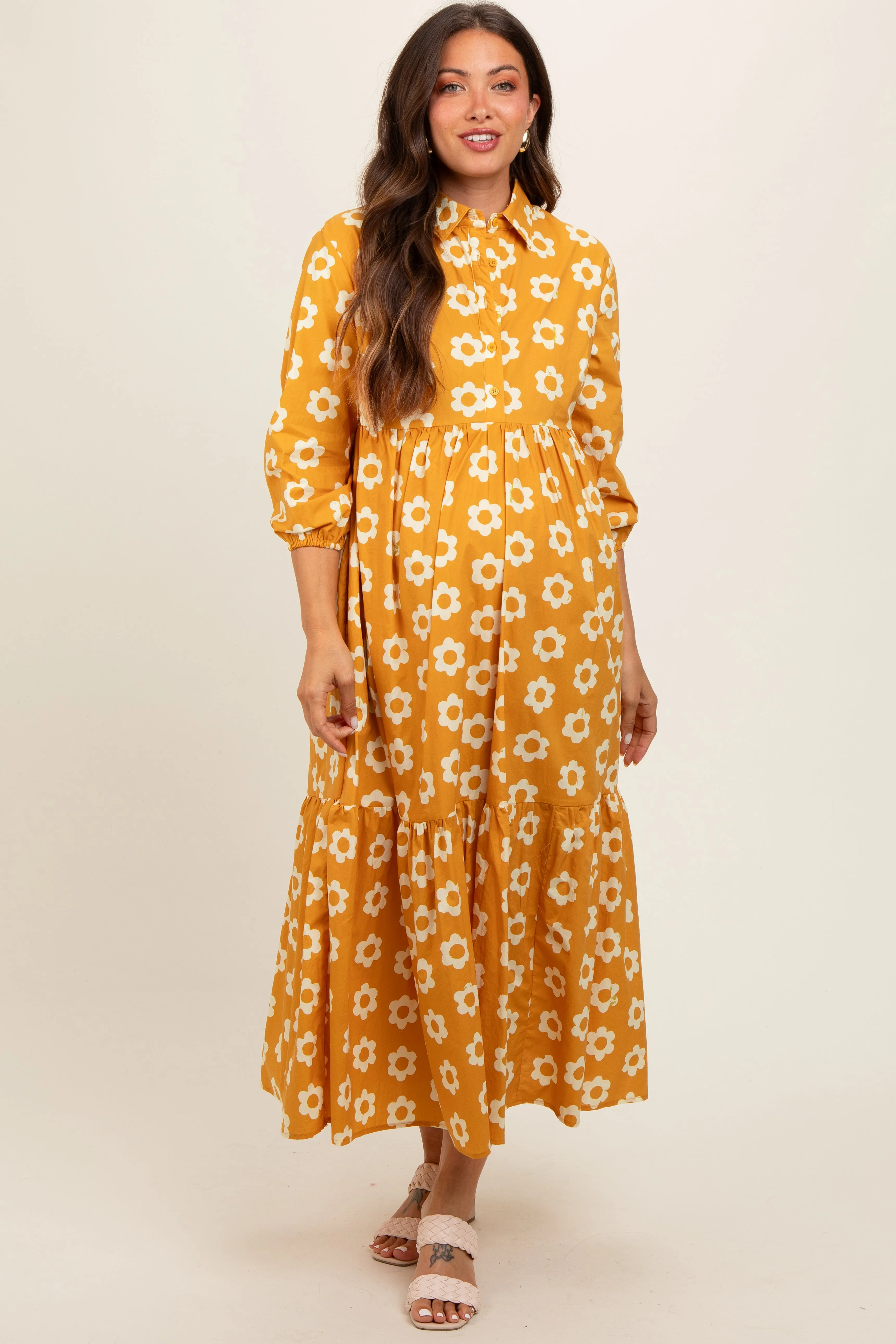 Yellow Floral 3/4 Sleeve Collared Maternity Maxi Dress sold by Pinkblush product image thumbnail 2