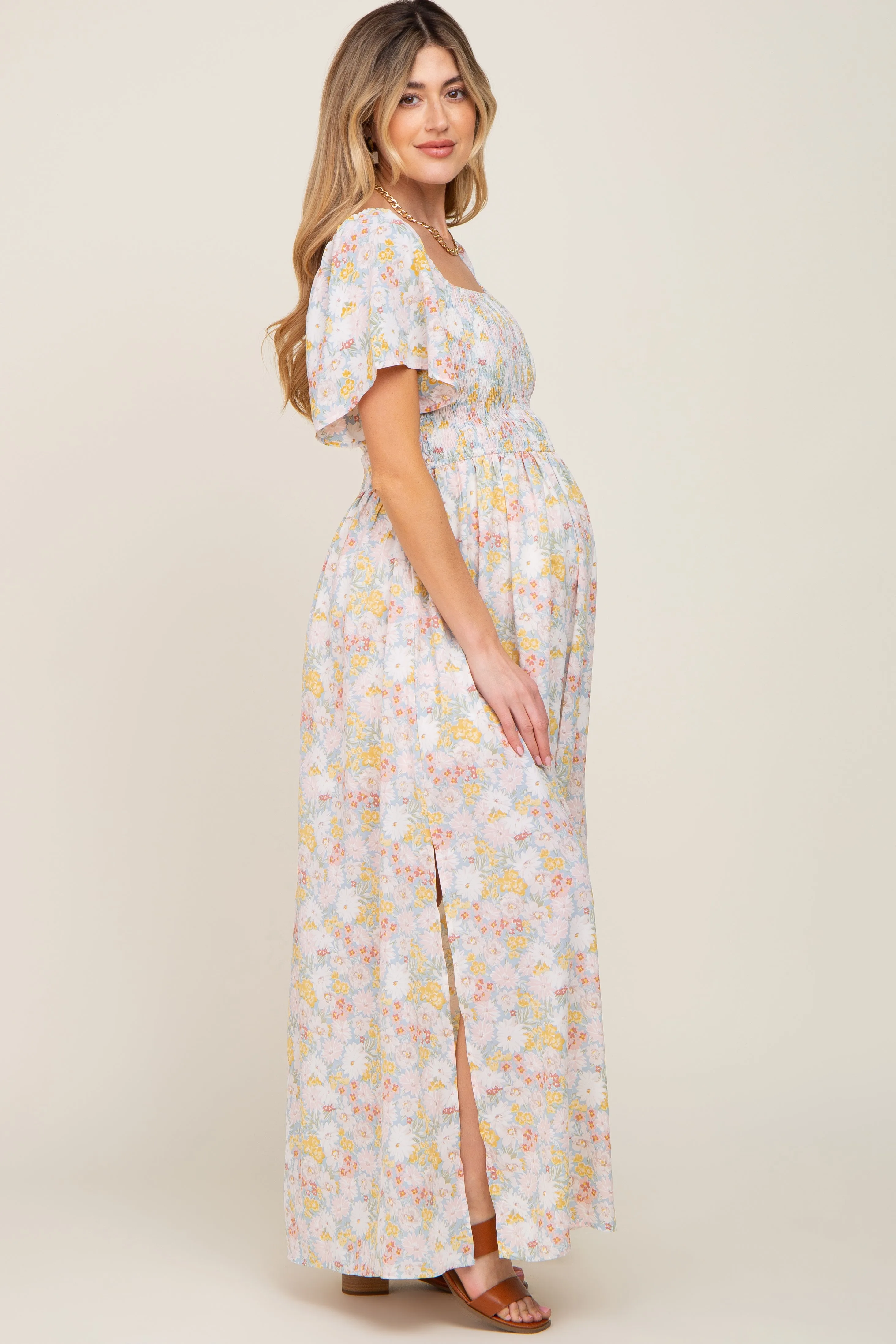 Light Blue Floral Smocked Maternity Maxi Dress sold by Pinkblush product image thumbnail 3