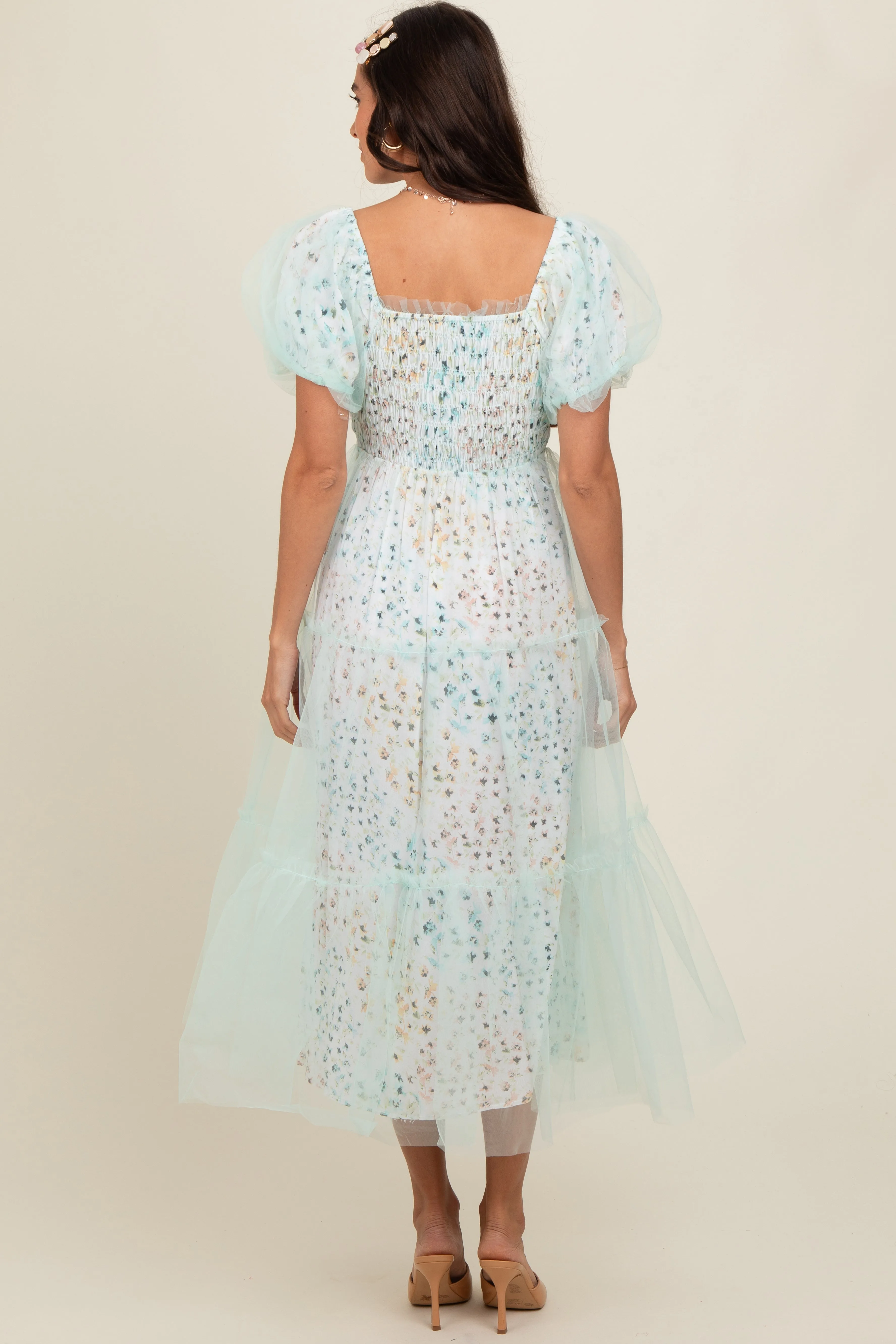 Mint Green Floral Lined Smocked Tulle Midi Dress sold by Pinkblush product image thumbnail 4