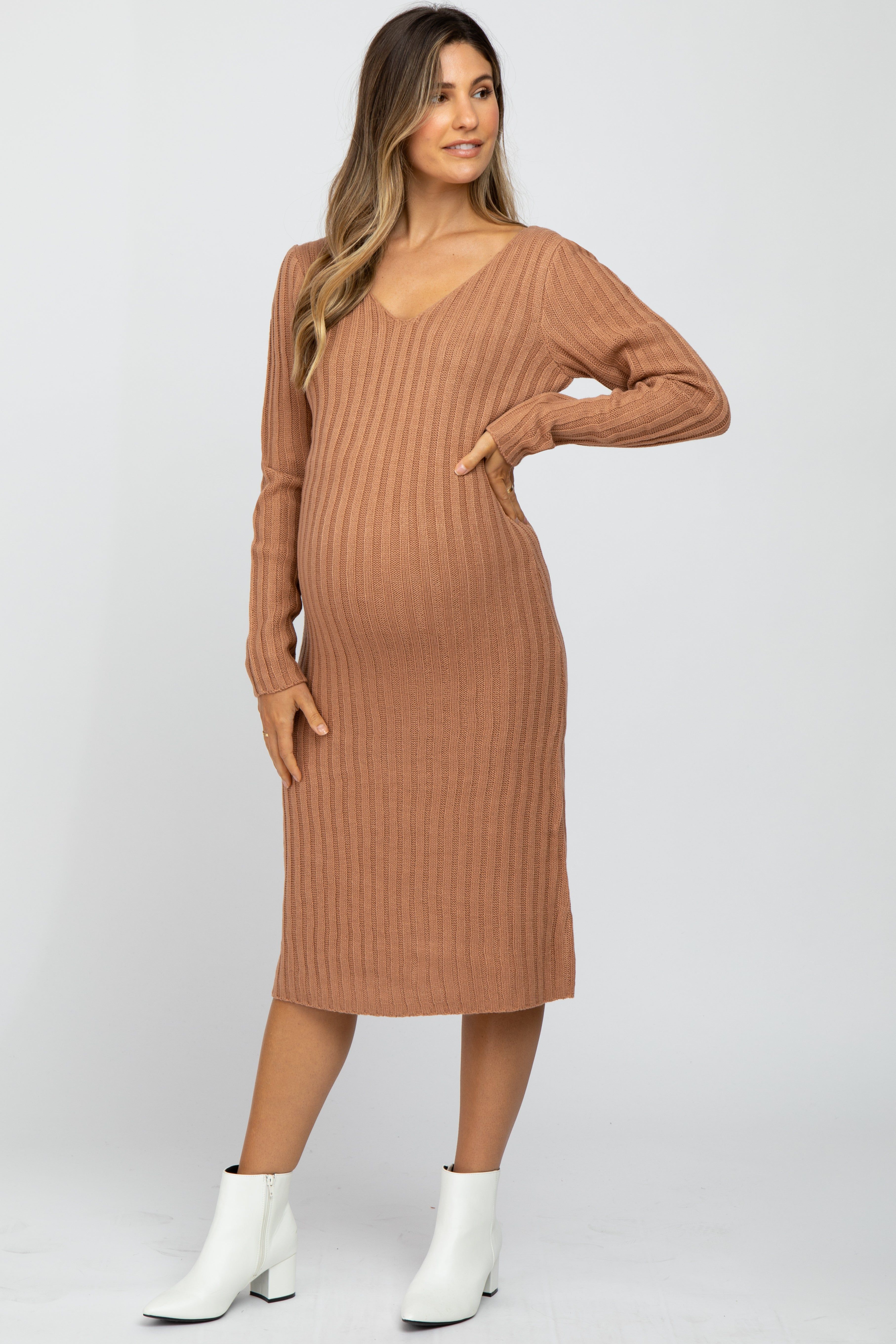 Camel Back Tie Maternity Midi Sweater Dress sold by Pinkblush
