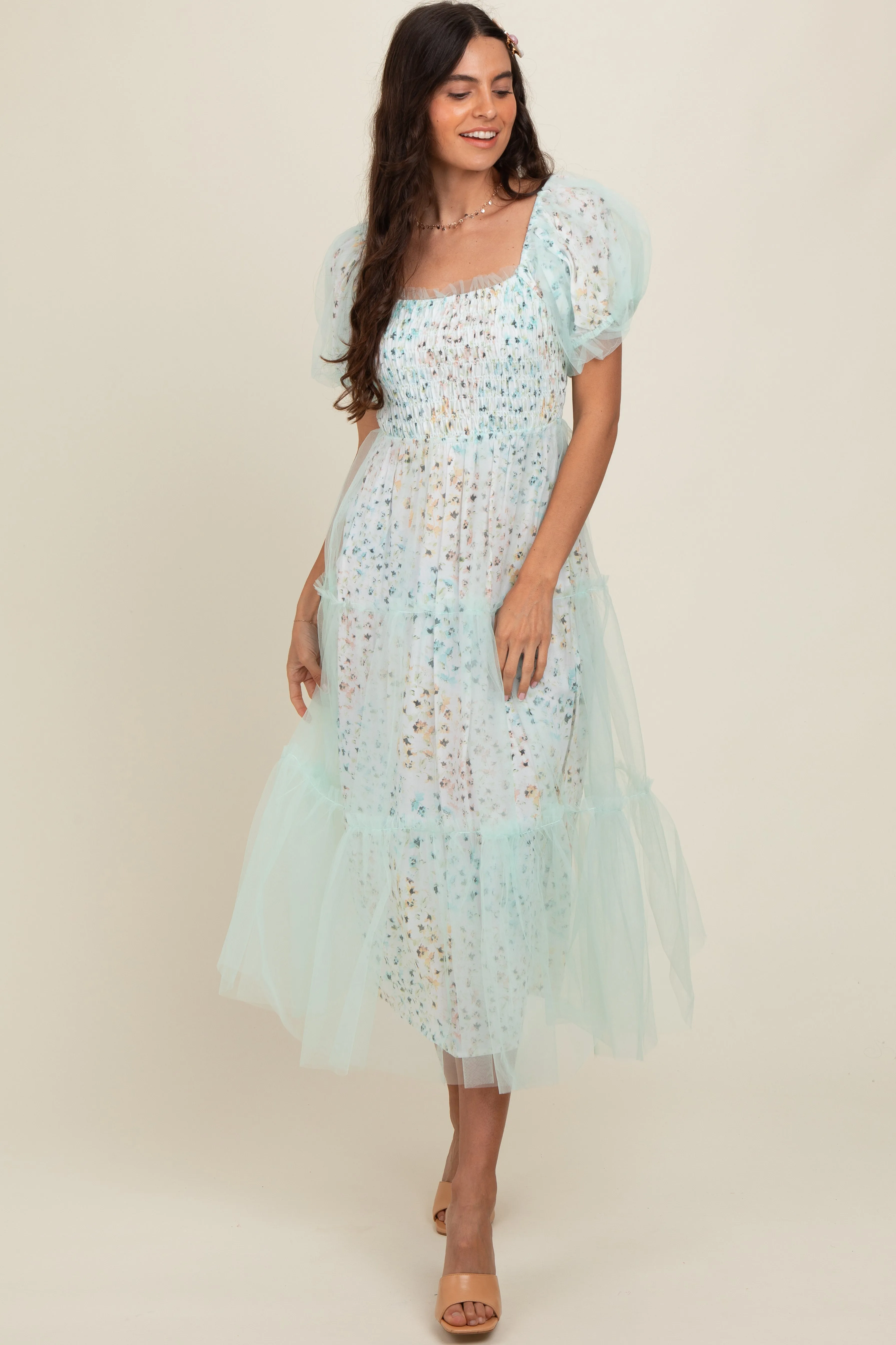 Mint Green Floral Lined Smocked Tulle Midi Dress sold by Pinkblush