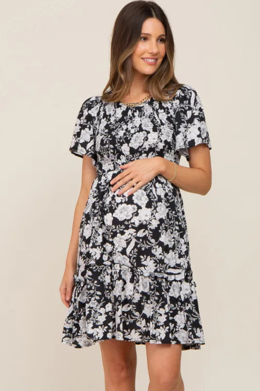 Black Floral Smocked Gathered Tier Maternity Dress sold by Pinkblush
