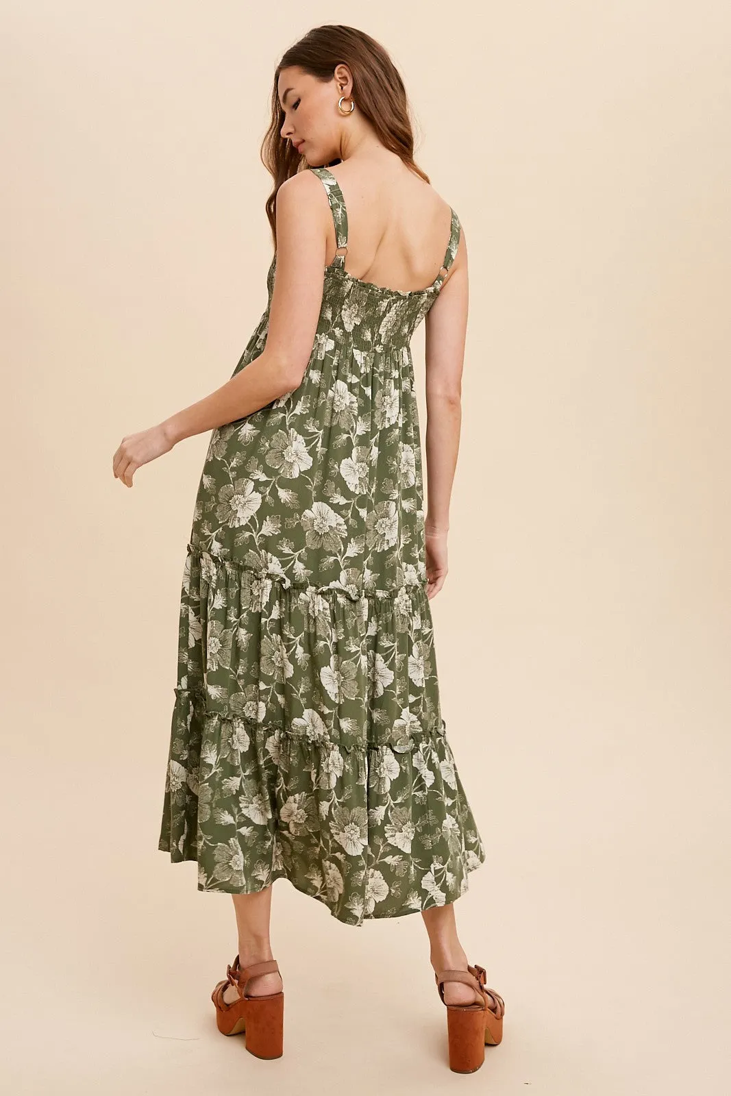Olive Floral Square Neck Smocked Midi Dress sold by Pinkblush product image thumbnail 4
