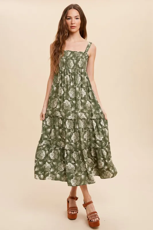 Olive Floral Square Neck Smocked Midi Dress sold by Pinkblush