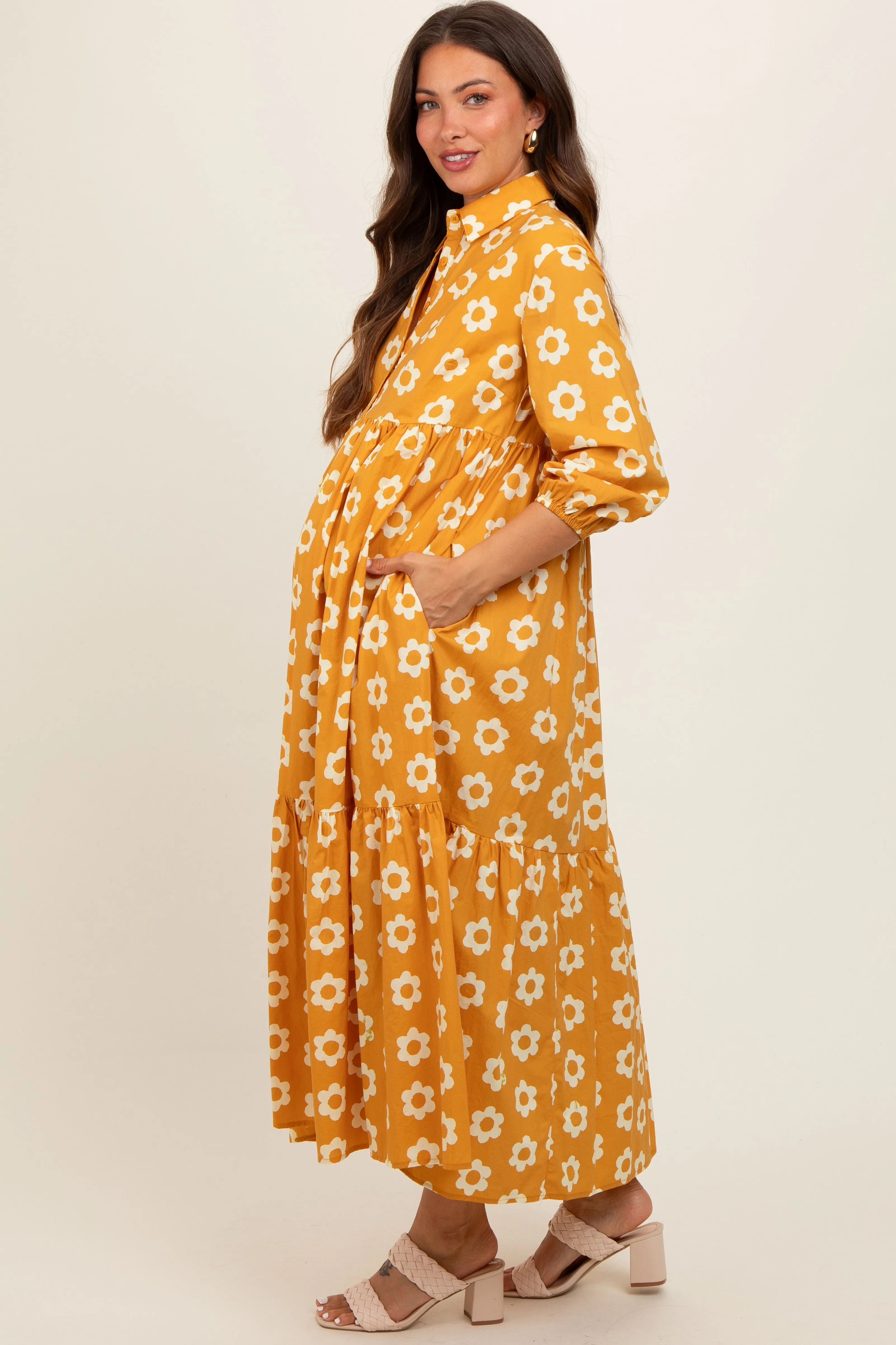 Yellow Floral 3/4 Sleeve Collared Maternity Maxi Dress sold by Pinkblush product image thumbnail 3