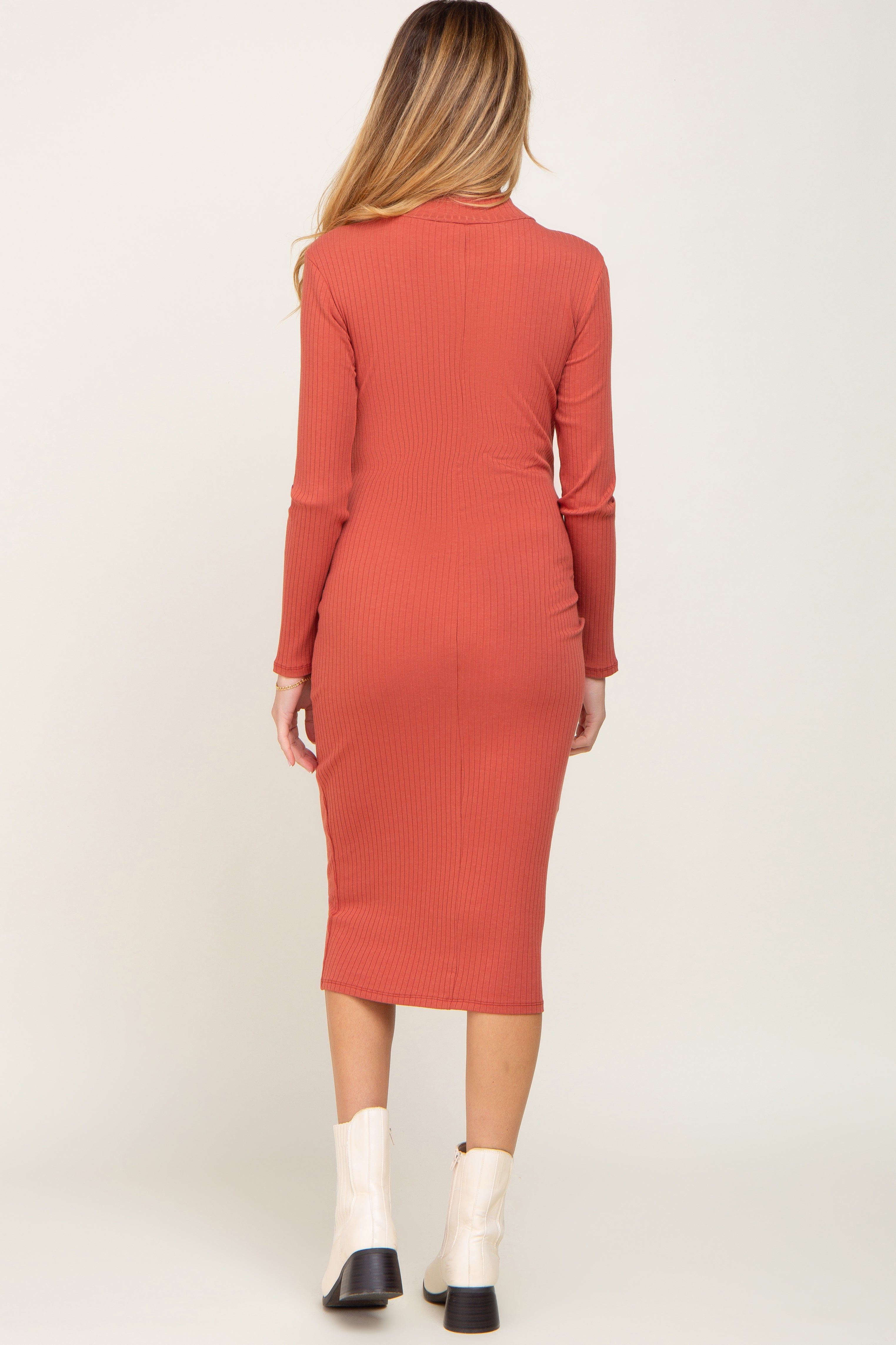 Rust Ribbed Long Sleeve Mock Neck Maternity Midi Dress sold by Pinkblush product image thumbnail 3