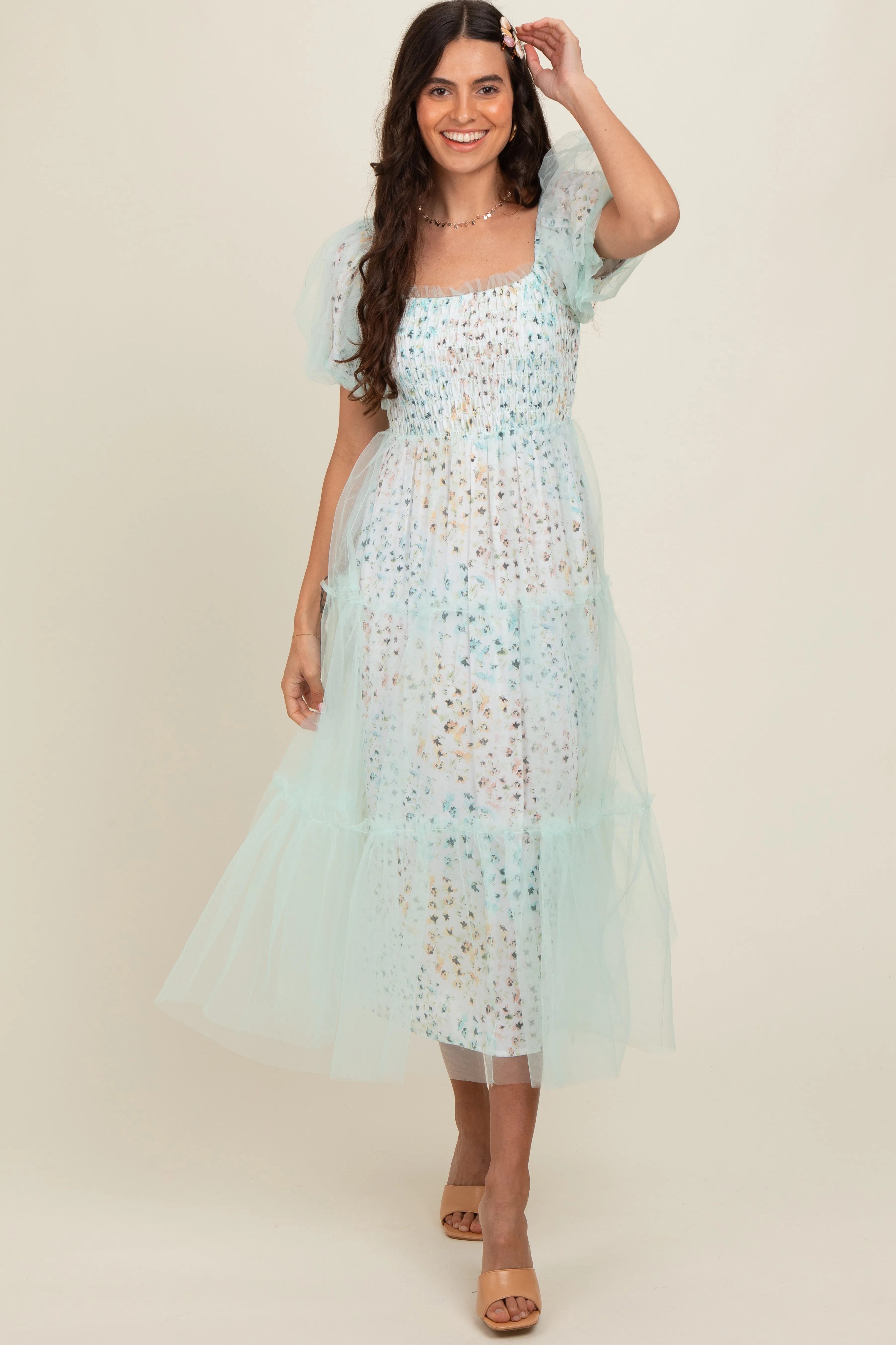 Mint Green Floral Lined Smocked Tulle Midi Dress sold by Pinkblush product image thumbnail 2