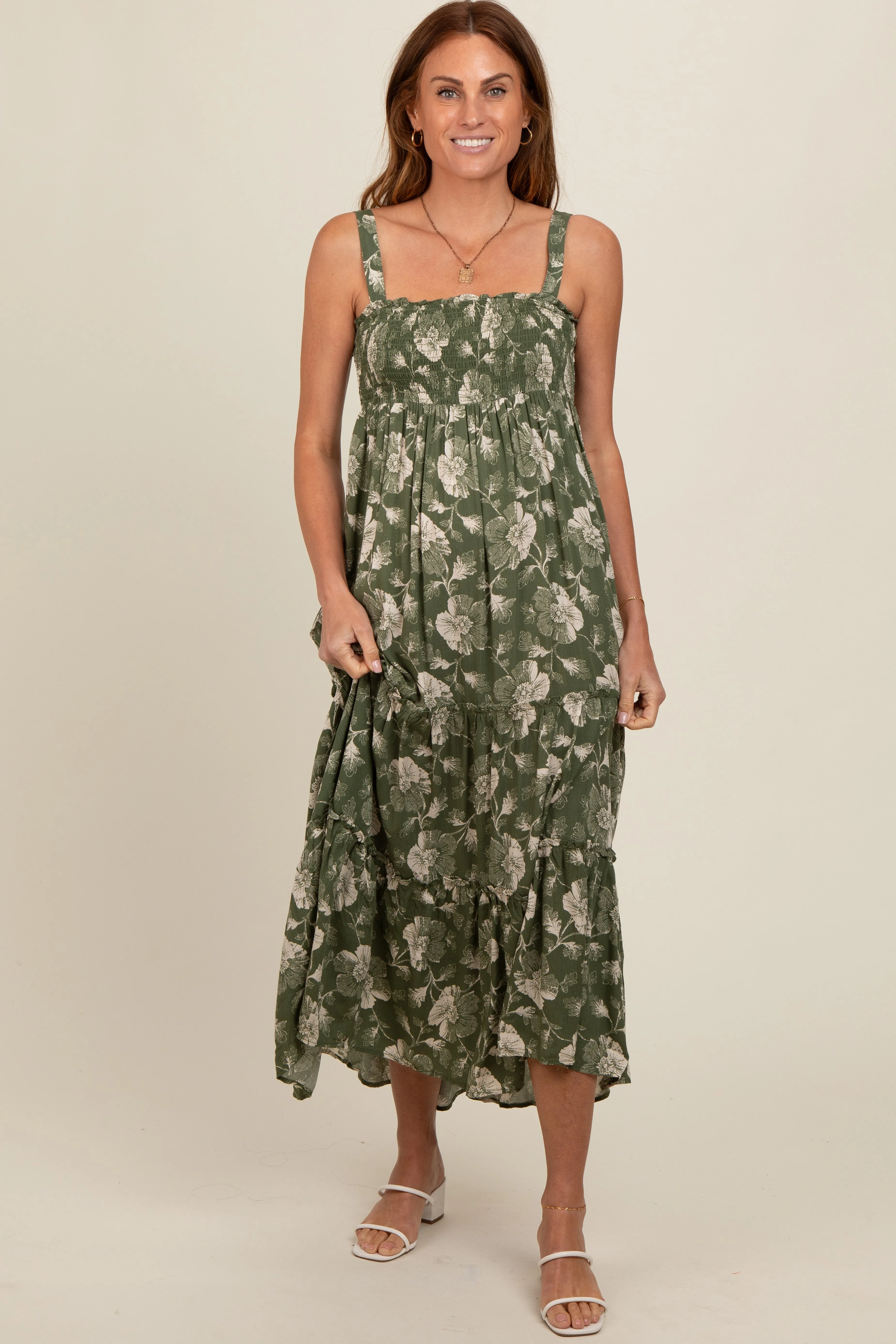 Olive Floral Square Neck Smocked Midi Dress sold by Pinkblush product image thumbnail 5
