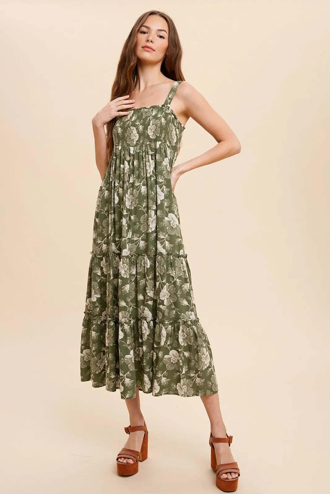 Olive Floral Square Neck Smocked Midi Dress sold by Pinkblush product image thumbnail 2