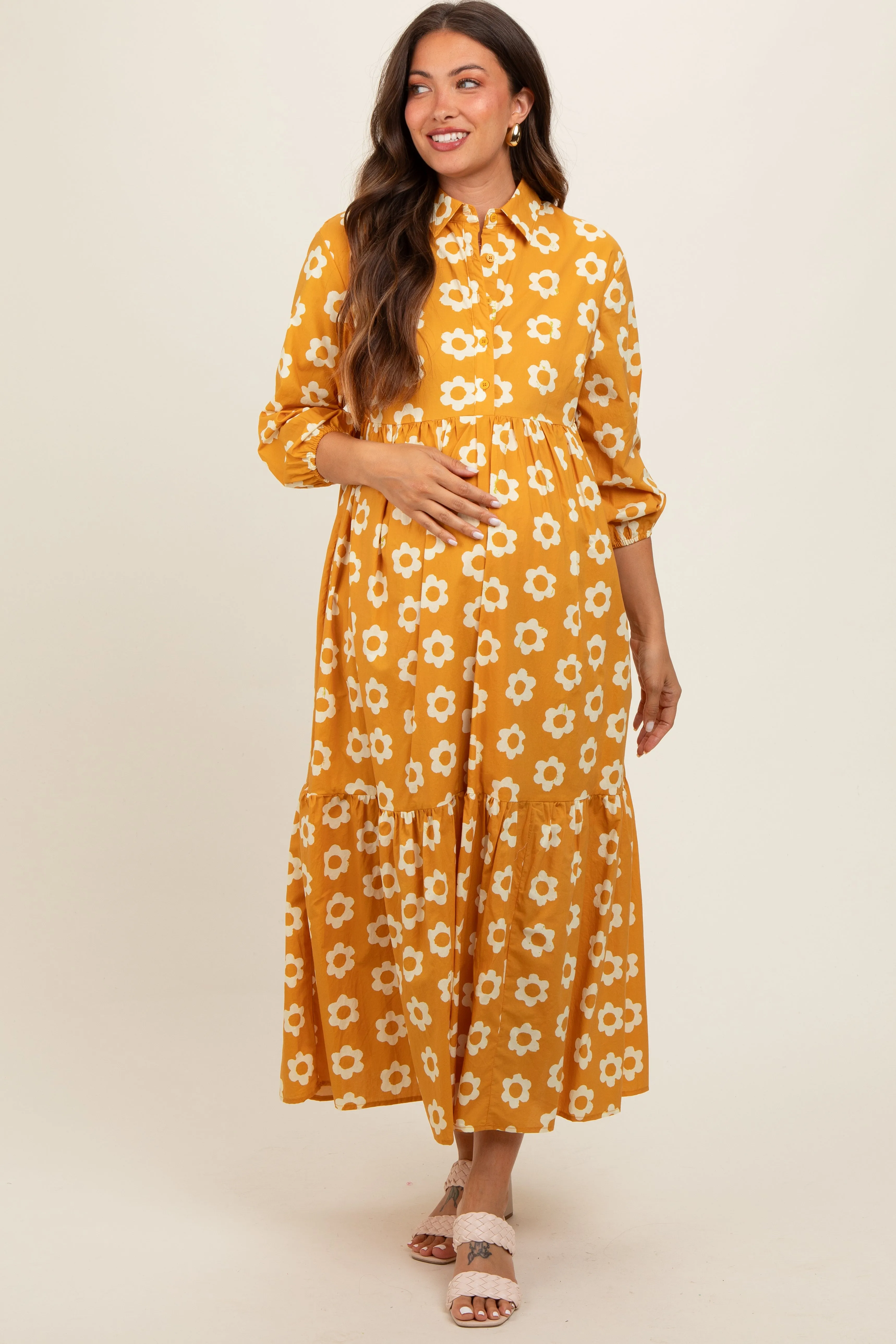 Yellow Floral 3/4 Sleeve Collared Maternity Maxi Dress sold by Pinkblush