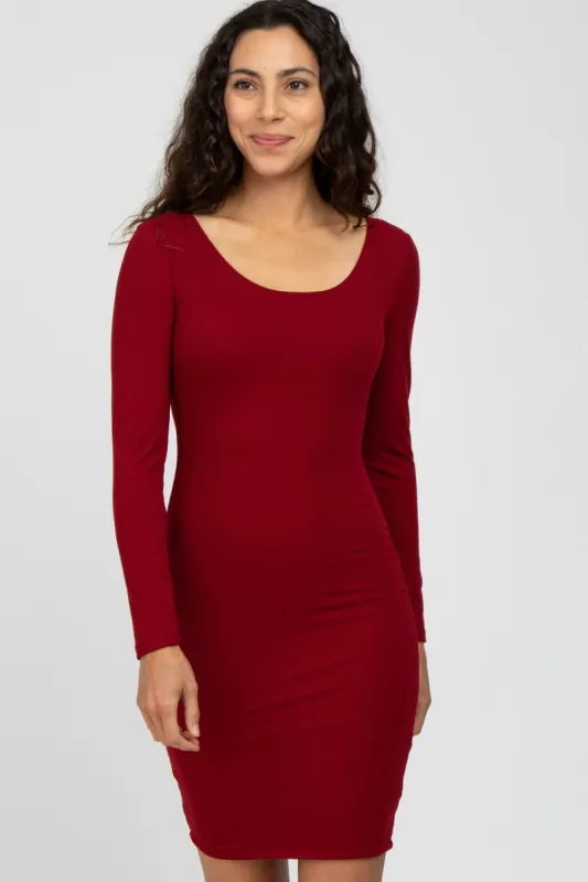 Burgundy Ribbed Fitted Long Sleeve Dress sold by Pinkblush