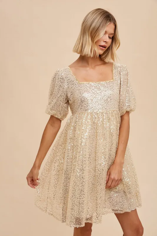 Gold Sequin Pearl Embellished Square Neck Babydoll Dress sold by Pinkblush
