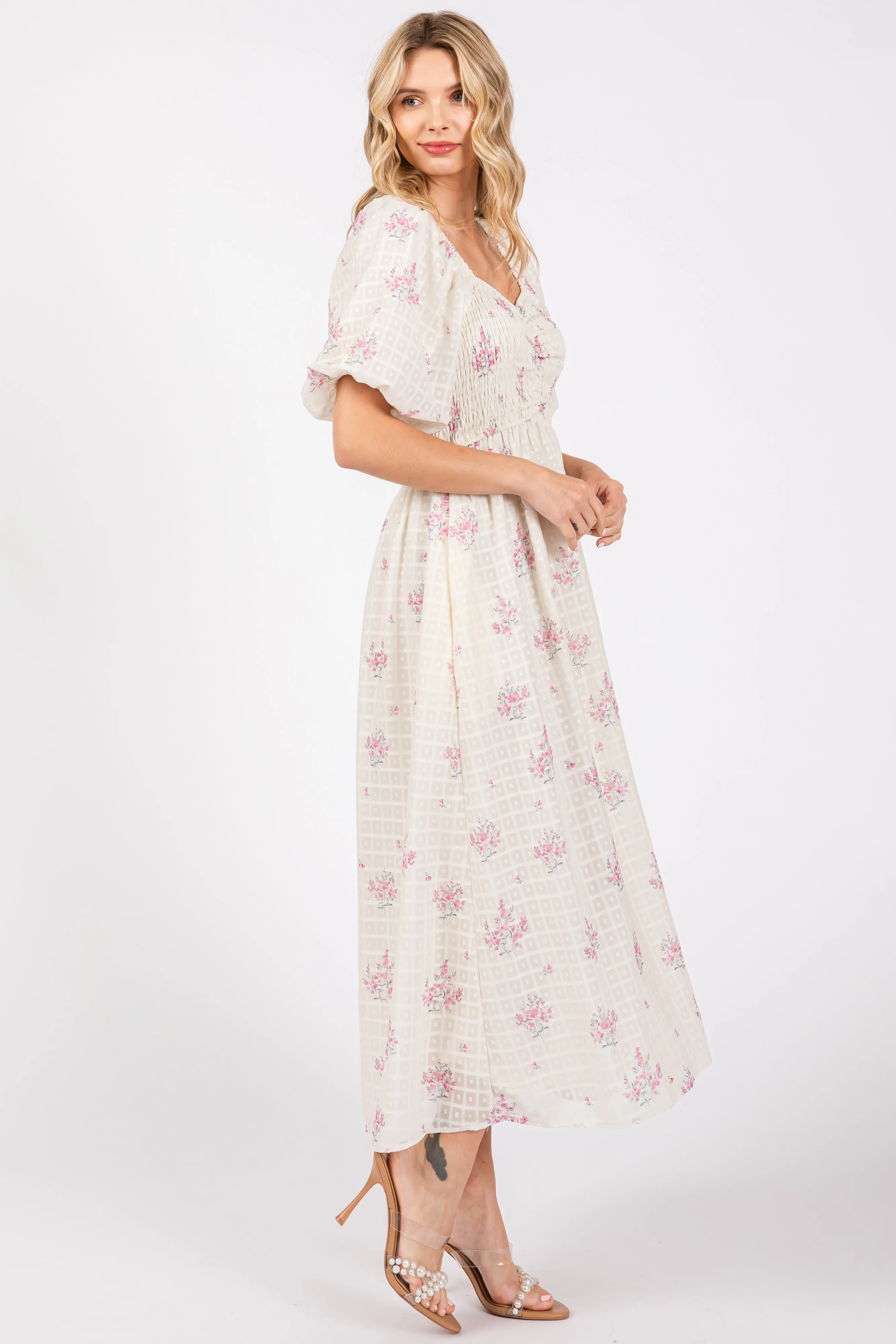 Pink Floral Textured Dot Smocked Sweetheart Neck Midi Dress sold by Pinkblush product image thumbnail 2