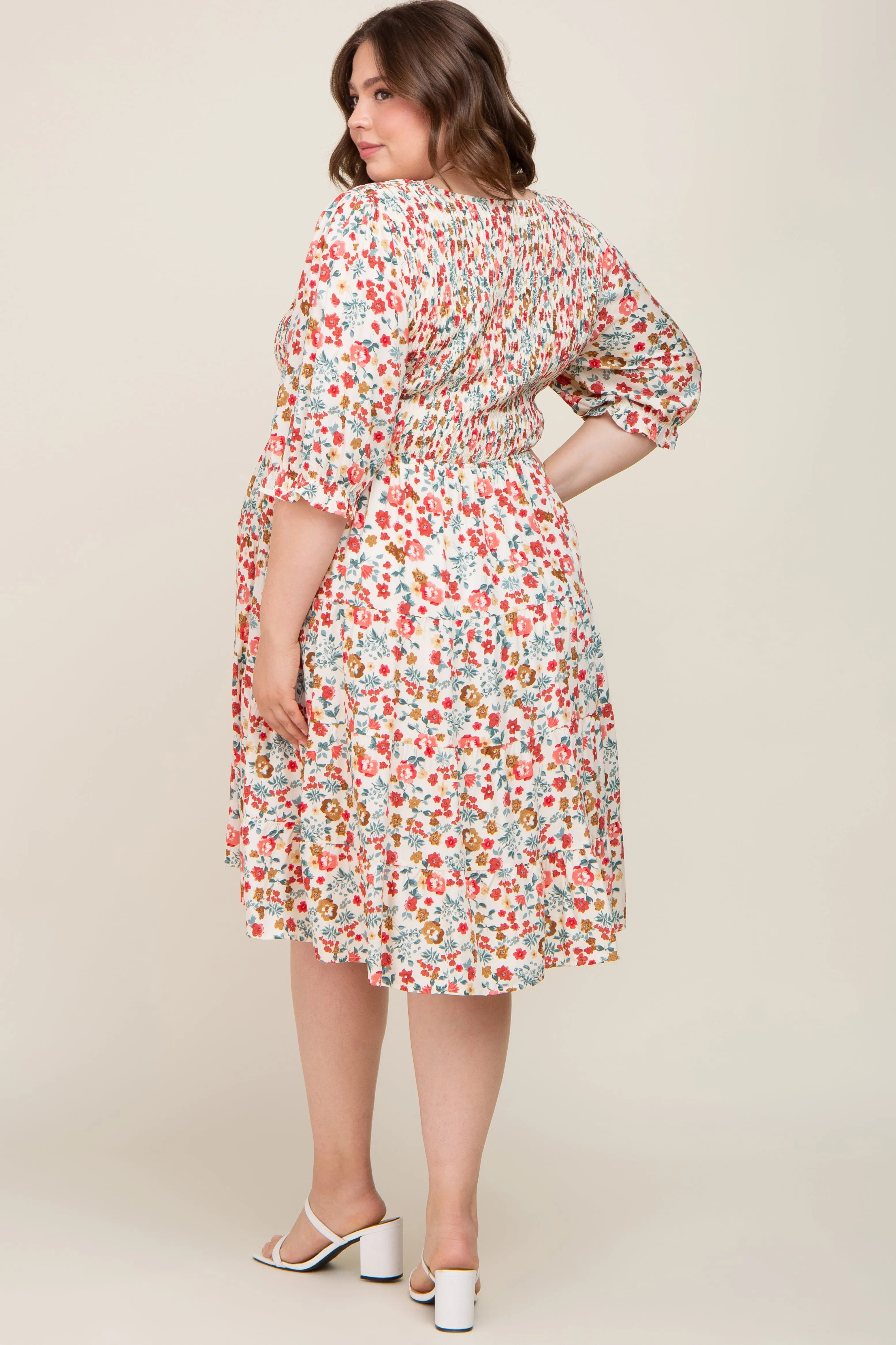 Ivory Floral Smocked Tiered Ruffle Maternity Plus Dress sold by Pinkblush product image thumbnail 3