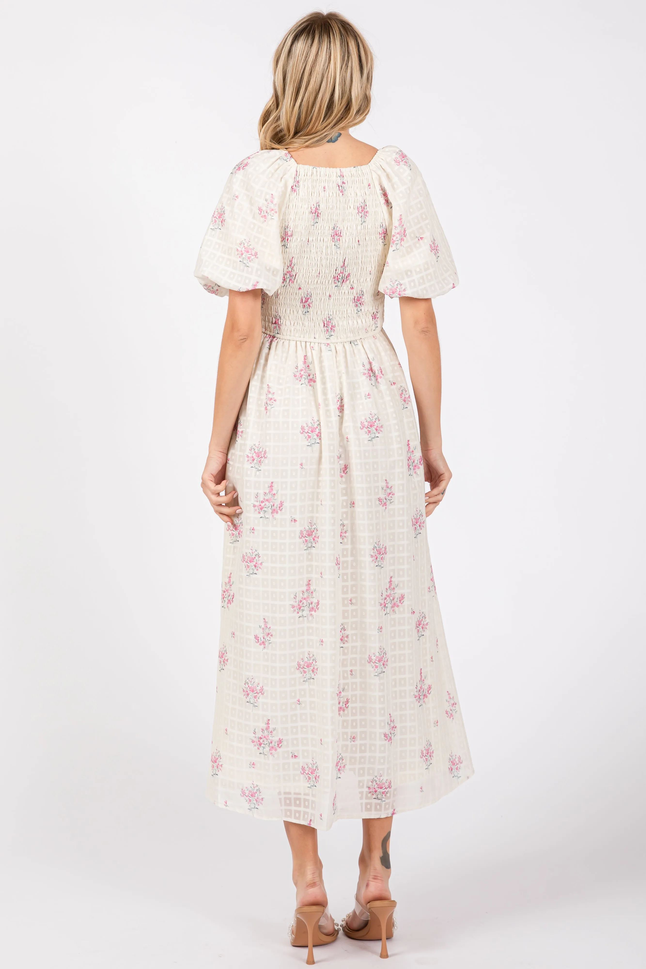 Pink Floral Textured Dot Smocked Sweetheart Neck Midi Dress sold by Pinkblush product image thumbnail 3