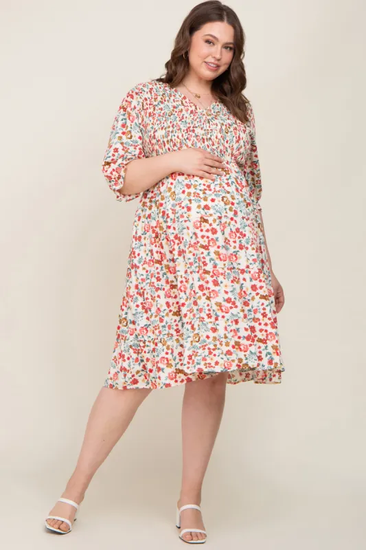 Ivory Floral Smocked Tiered Ruffle Maternity Plus Dress sold by Pinkblush