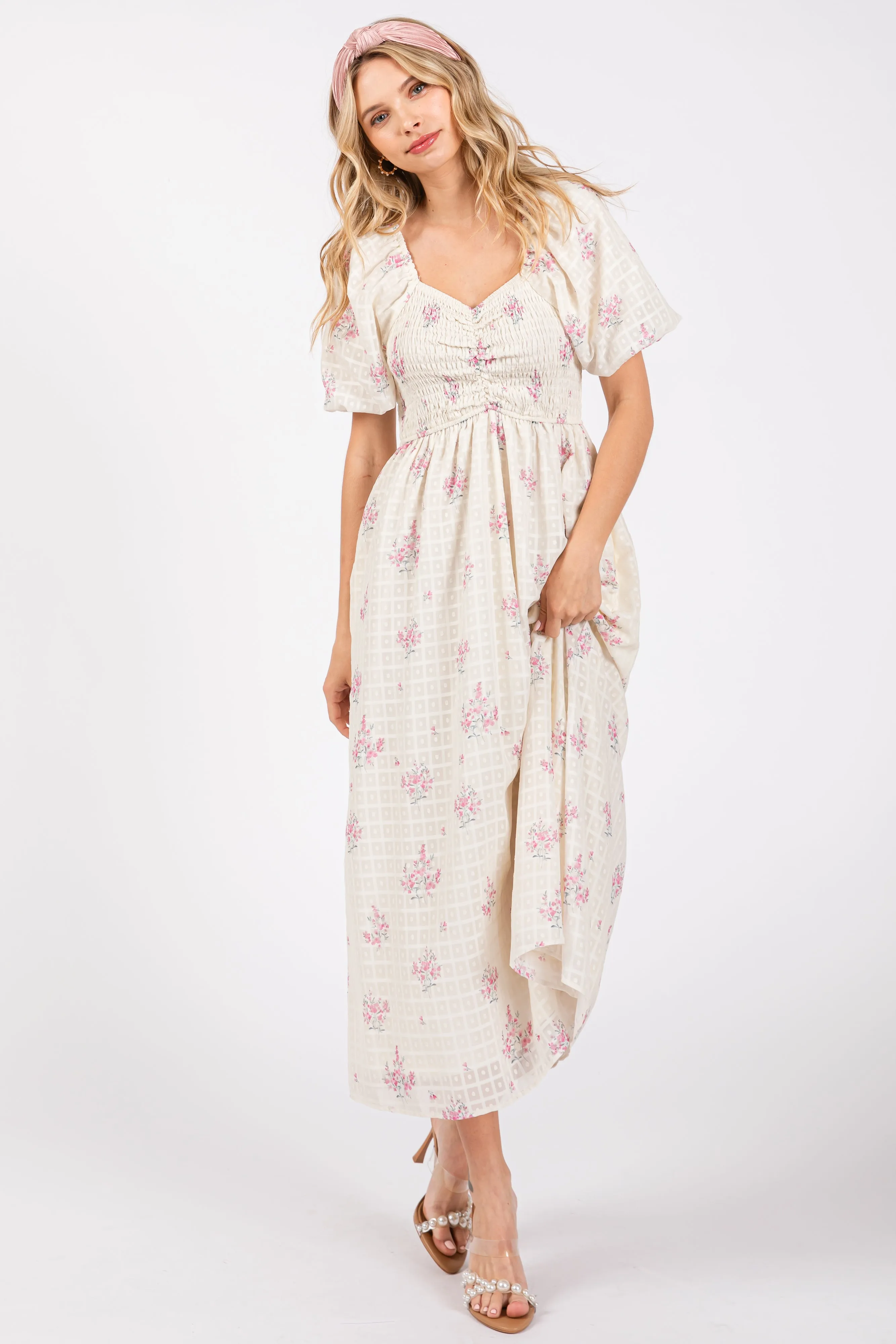 Pink Floral Textured Dot Smocked Sweetheart Neck Midi Dress sold by Pinkblush product image thumbnail 4